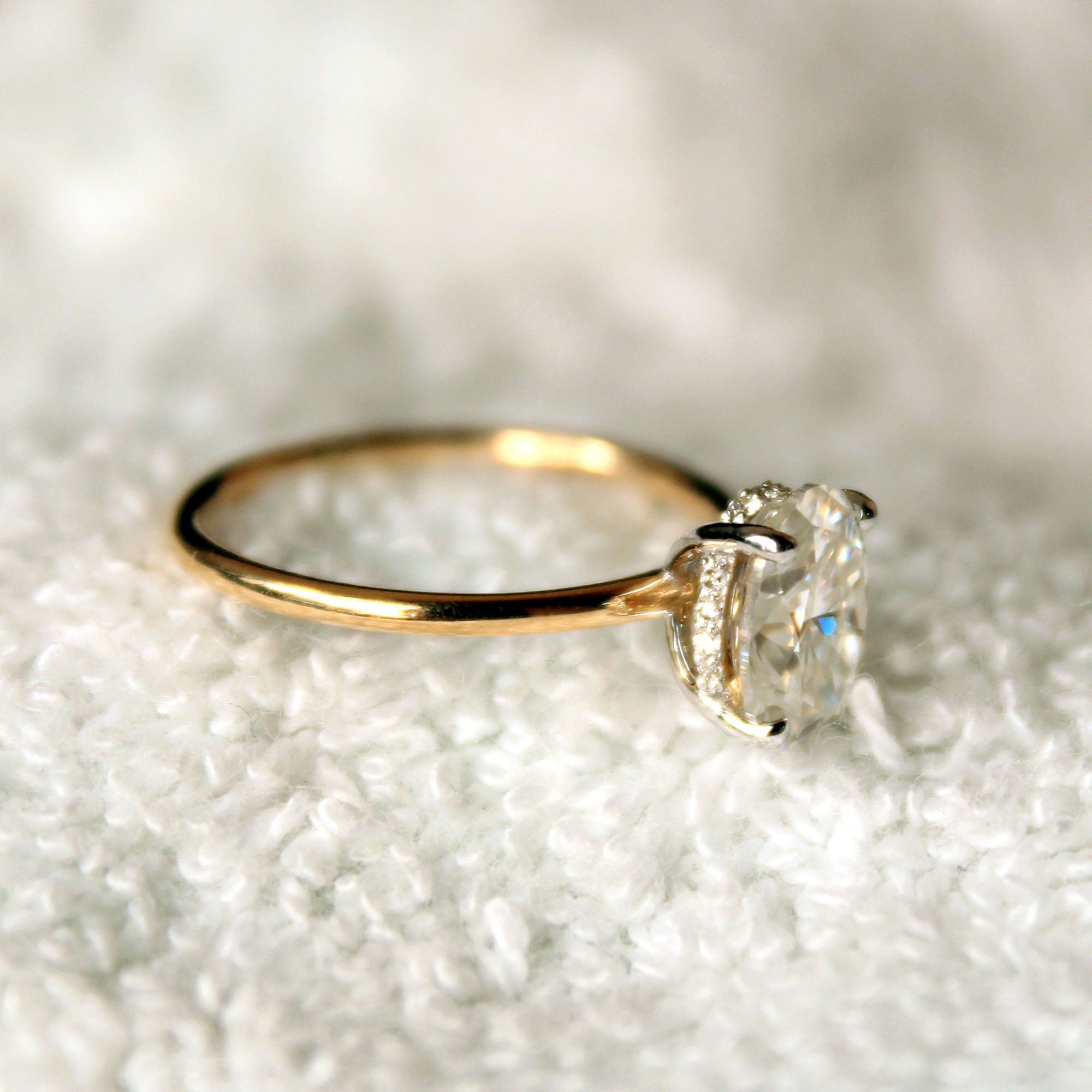 Oval Moissanite Engagement Ring with Hidden Diamond Underhalo