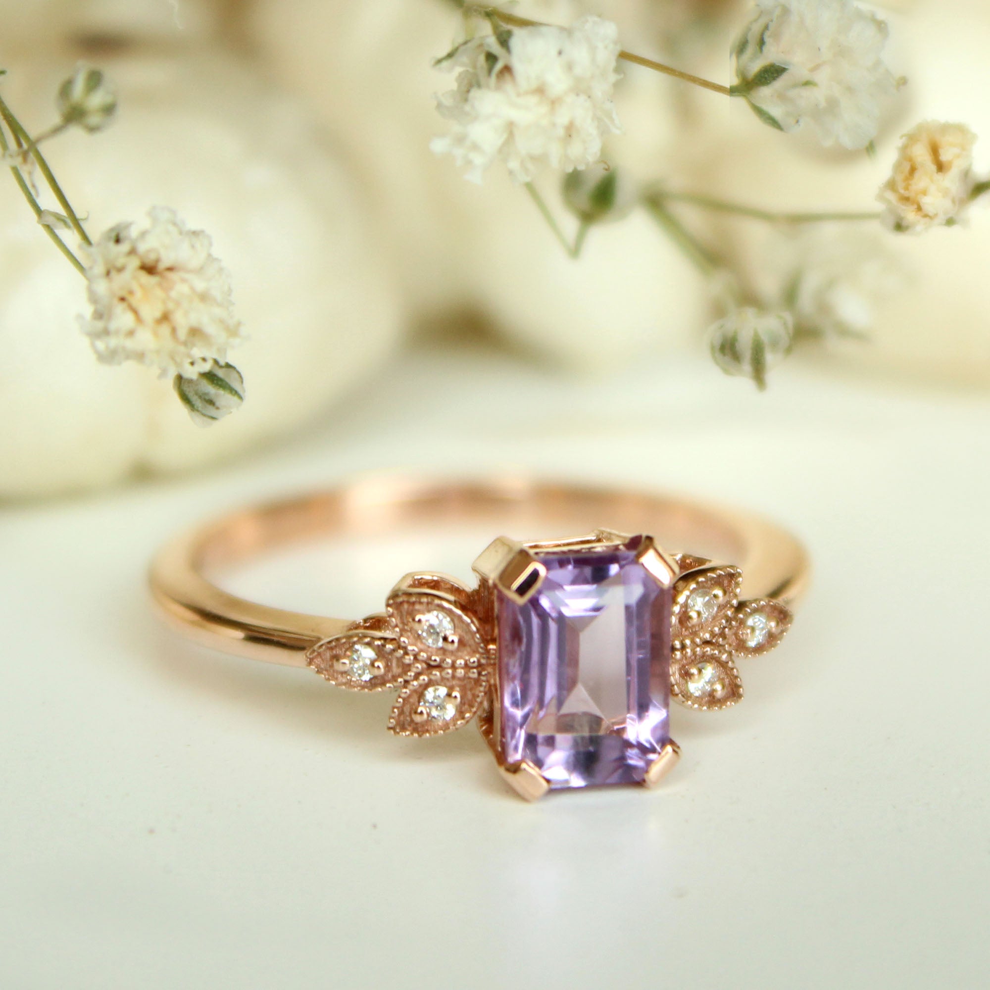 Emerald Cut Amethyst with Miligrain Leaves Diamond Engagement Ring