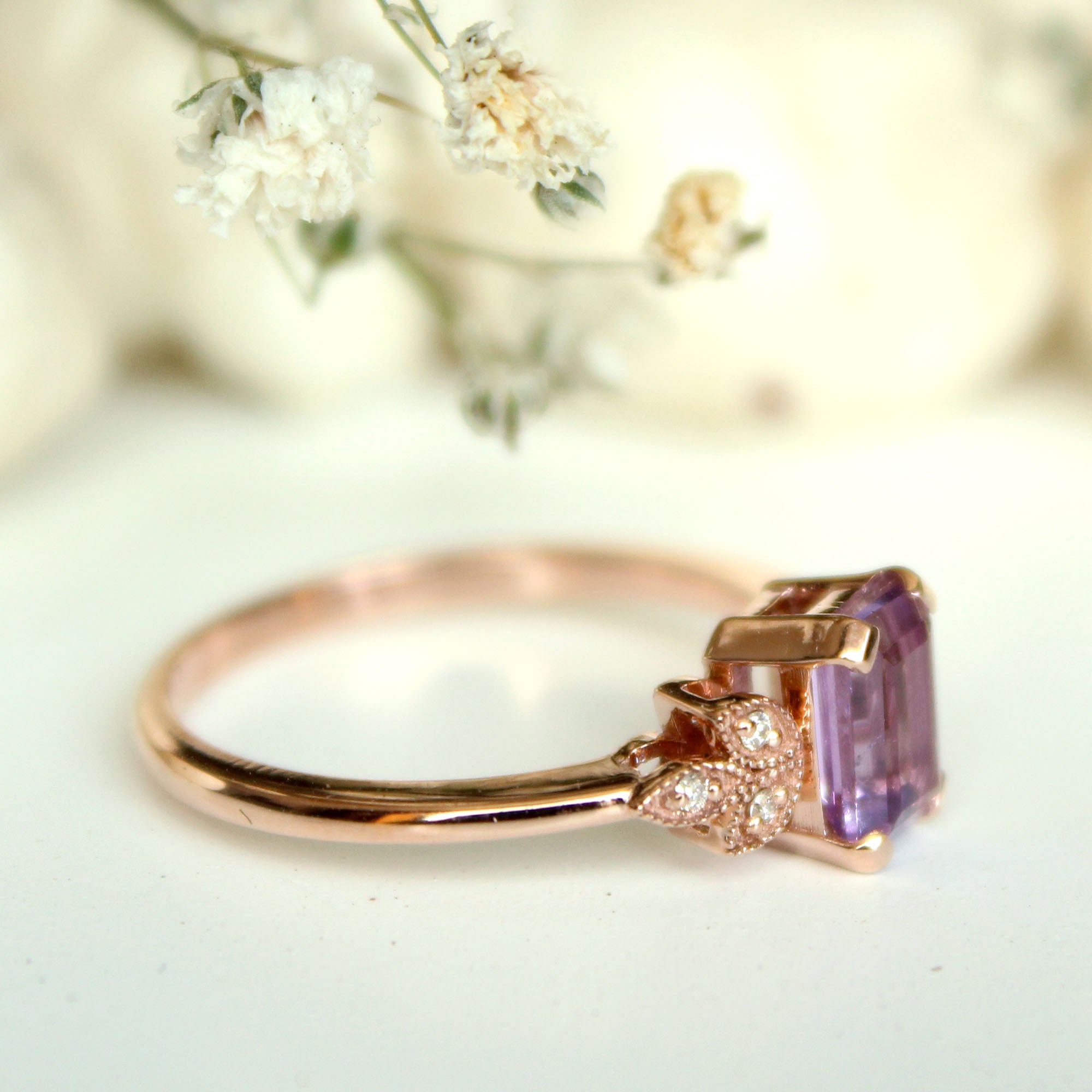 Emerald Cut Amethyst with Miligrain Leaves Diamond Engagement Ring