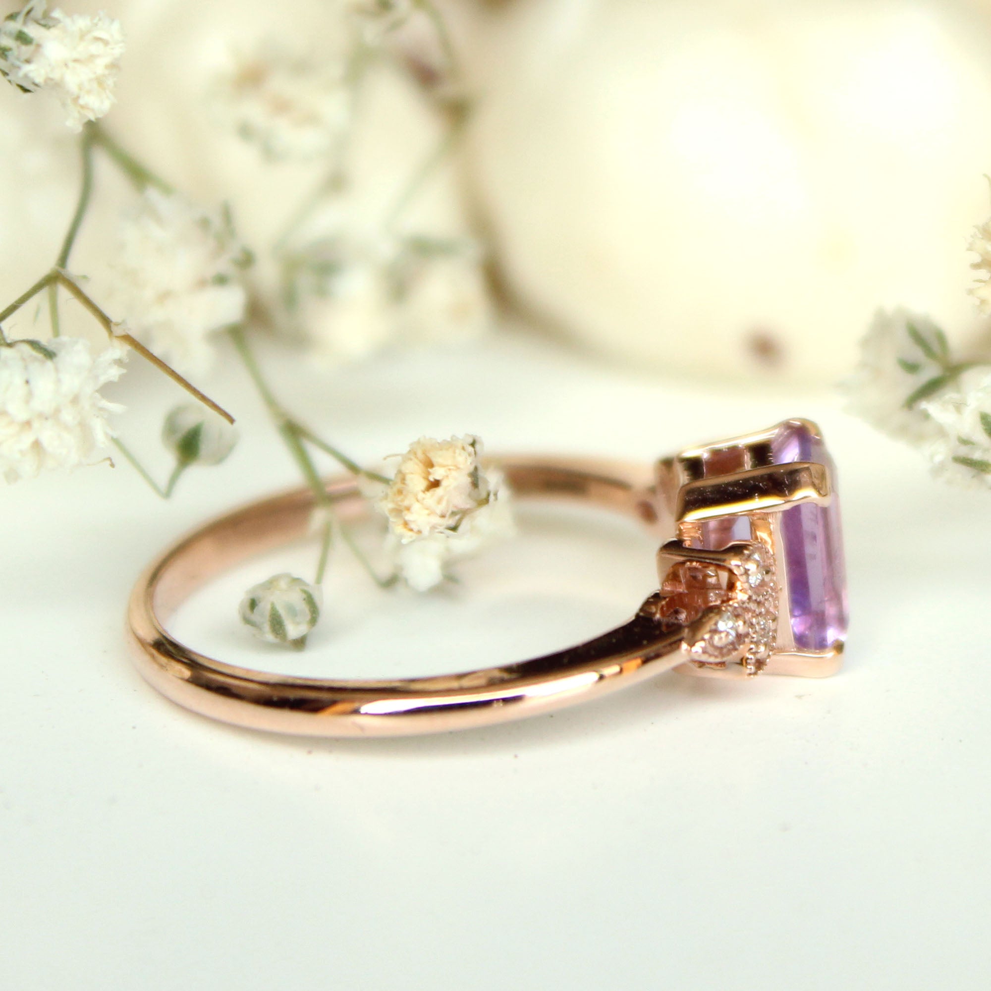 Emerald Cut Amethyst with Miligrain Leaves Diamond Engagement Ring