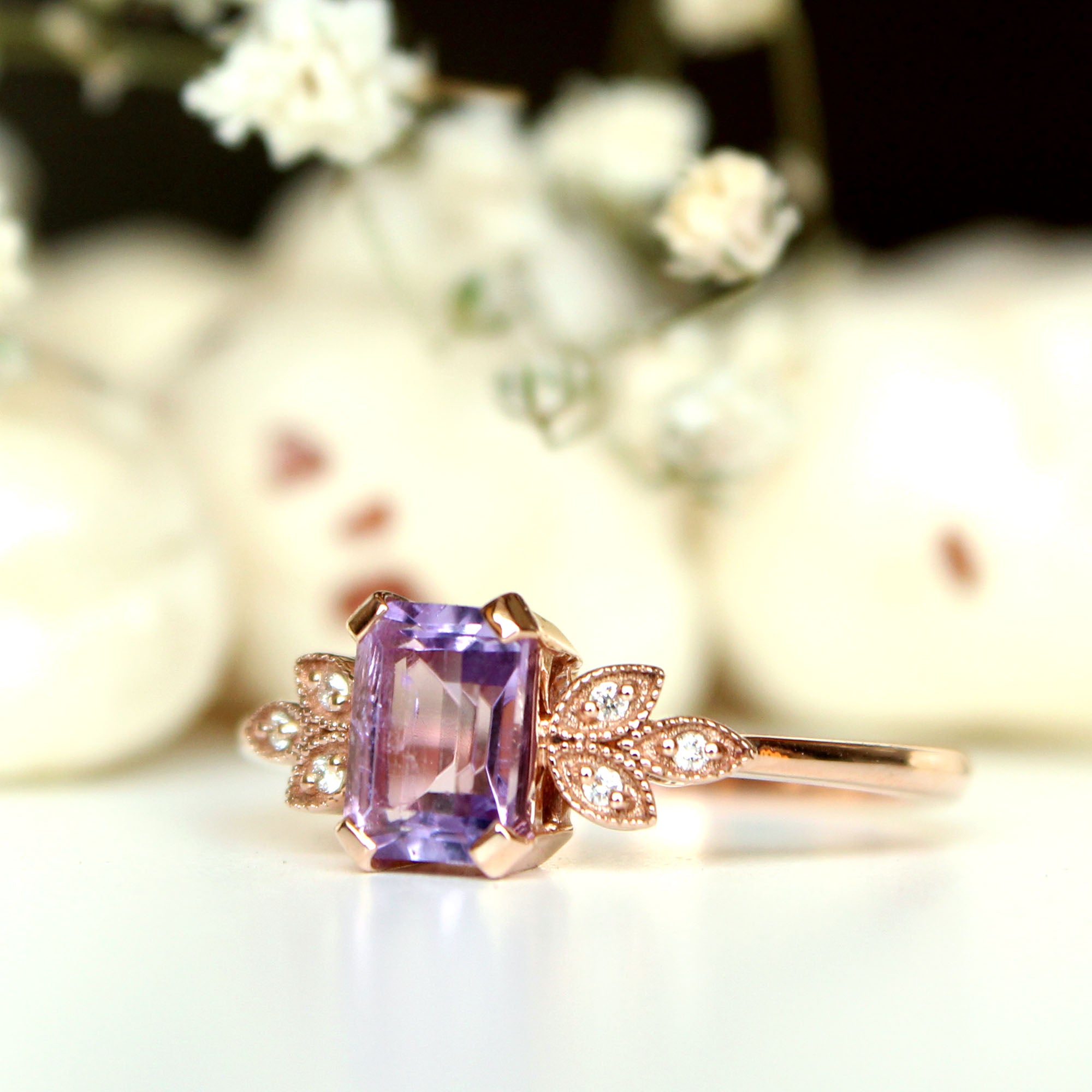 Emerald Cut Amethyst with Miligrain Leaves Diamond Engagement Ring