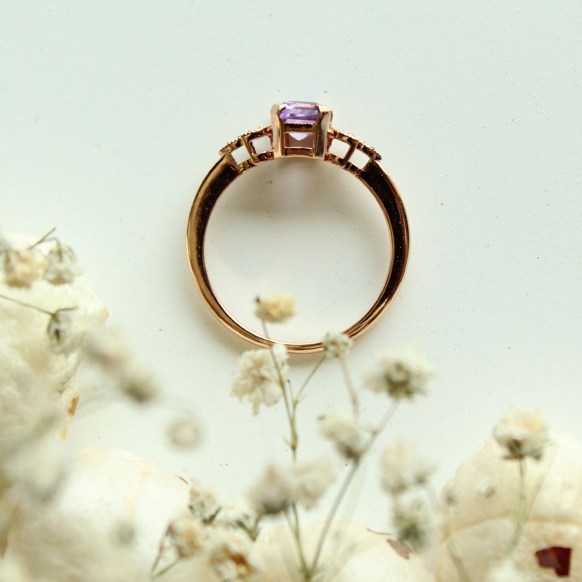 Emerald Cut Amethyst with Miligrain Leaves Diamond Engagement Ring