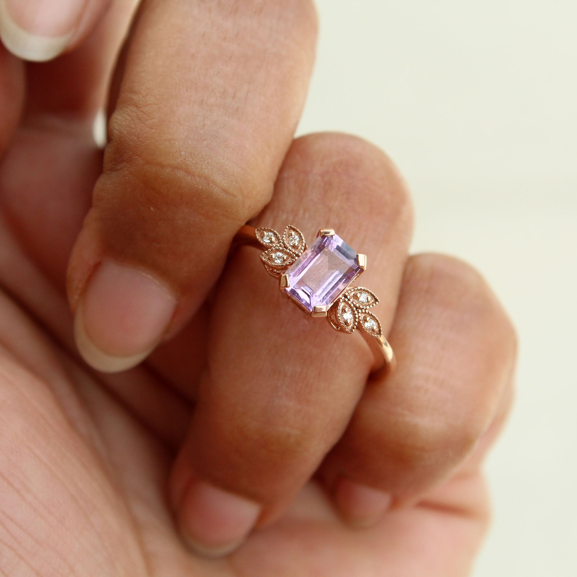Emerald Cut Amethyst with Miligrain Leaves Diamond Engagement Ring