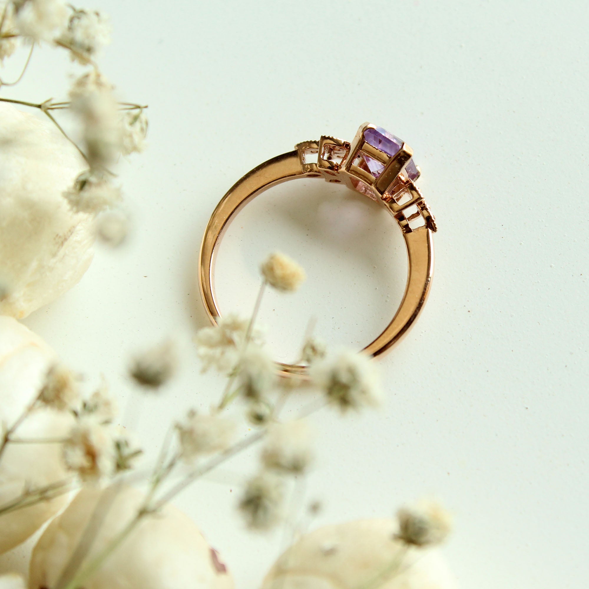 Emerald Cut Amethyst with Miligrain Leaves Diamond Engagement Ring
