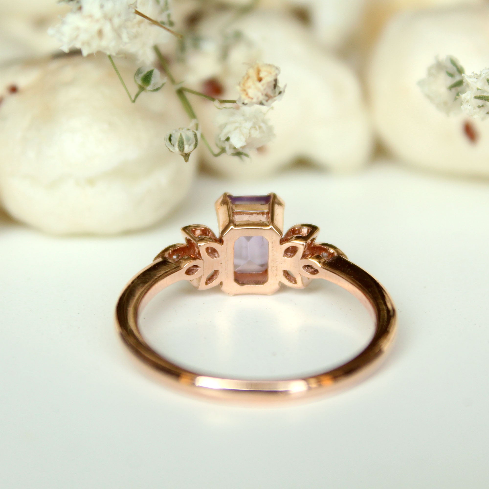 Emerald Cut Amethyst with Miligrain Leaves Diamond Engagement Ring
