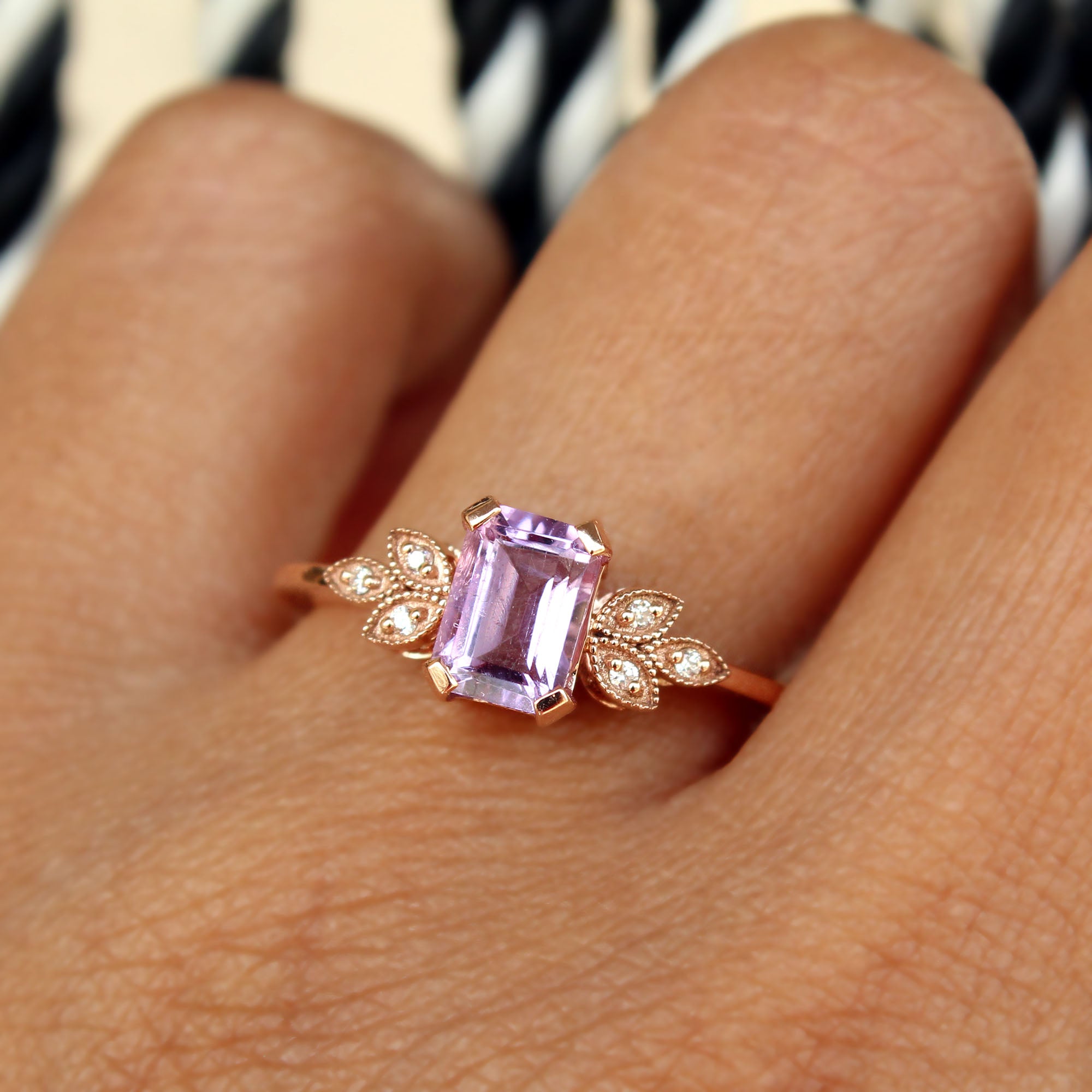 Emerald Cut Amethyst with Miligrain Leaves Diamond Engagement Ring