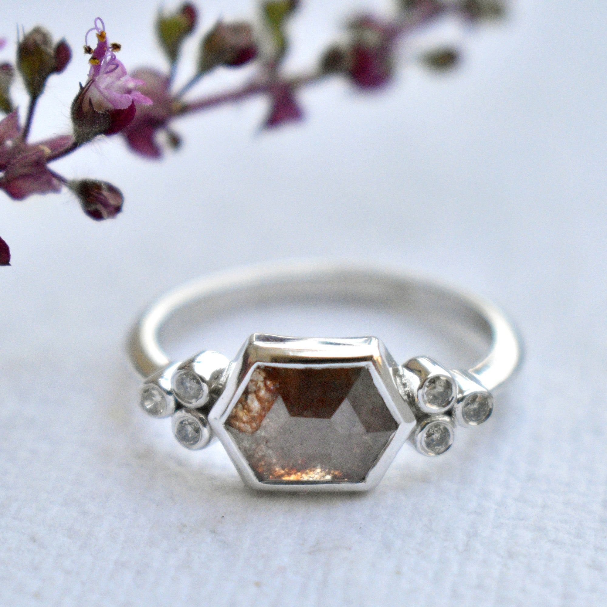 Hexagon Champagne and Round White Diamond Cluster Engagement Ring