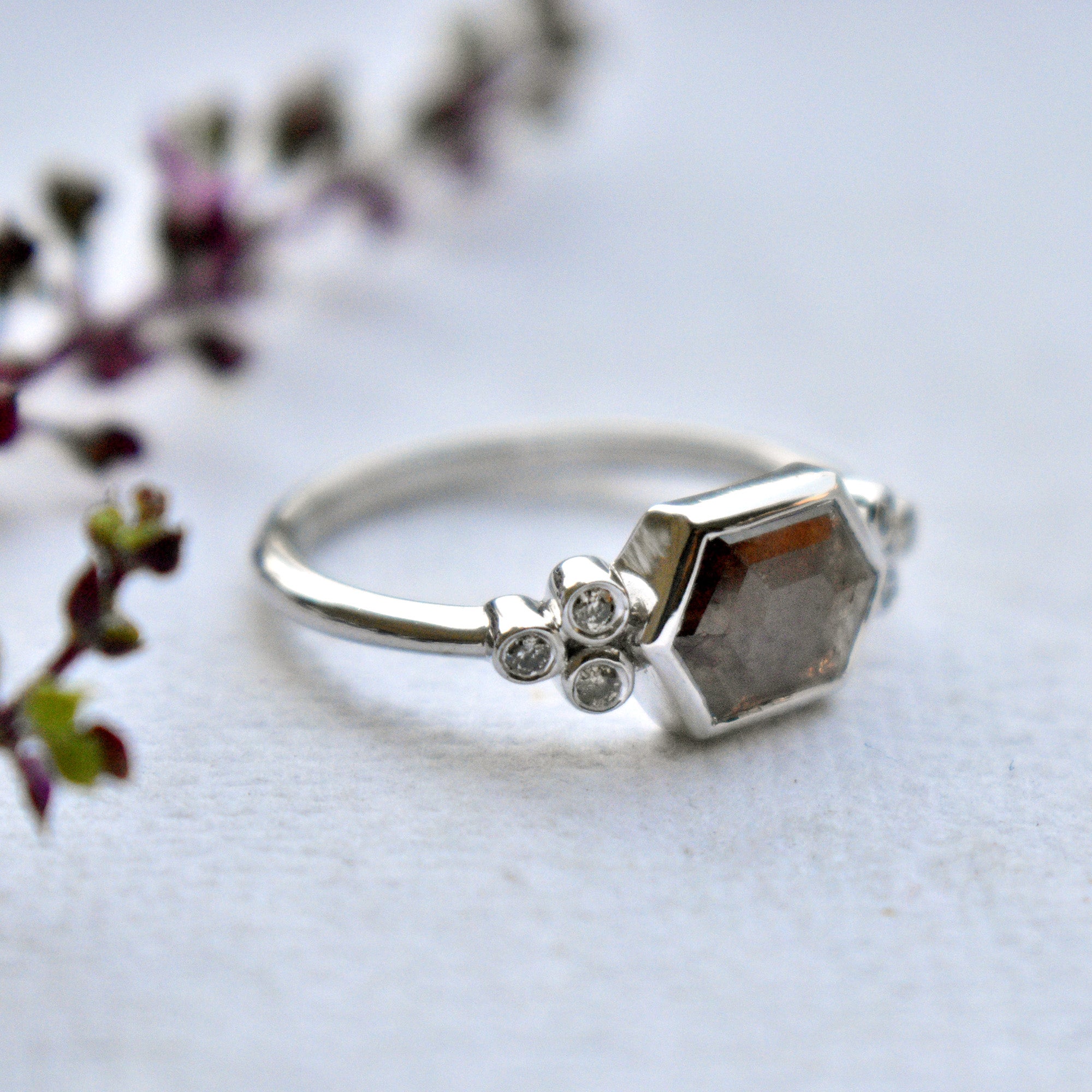 Hexagon Champagne and Round White Diamond Cluster Engagement Ring