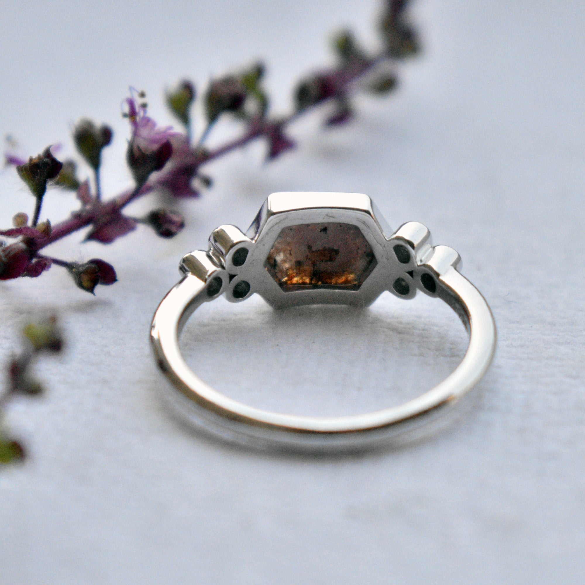 Hexagon Champagne and Round White Diamond Cluster Engagement Ring