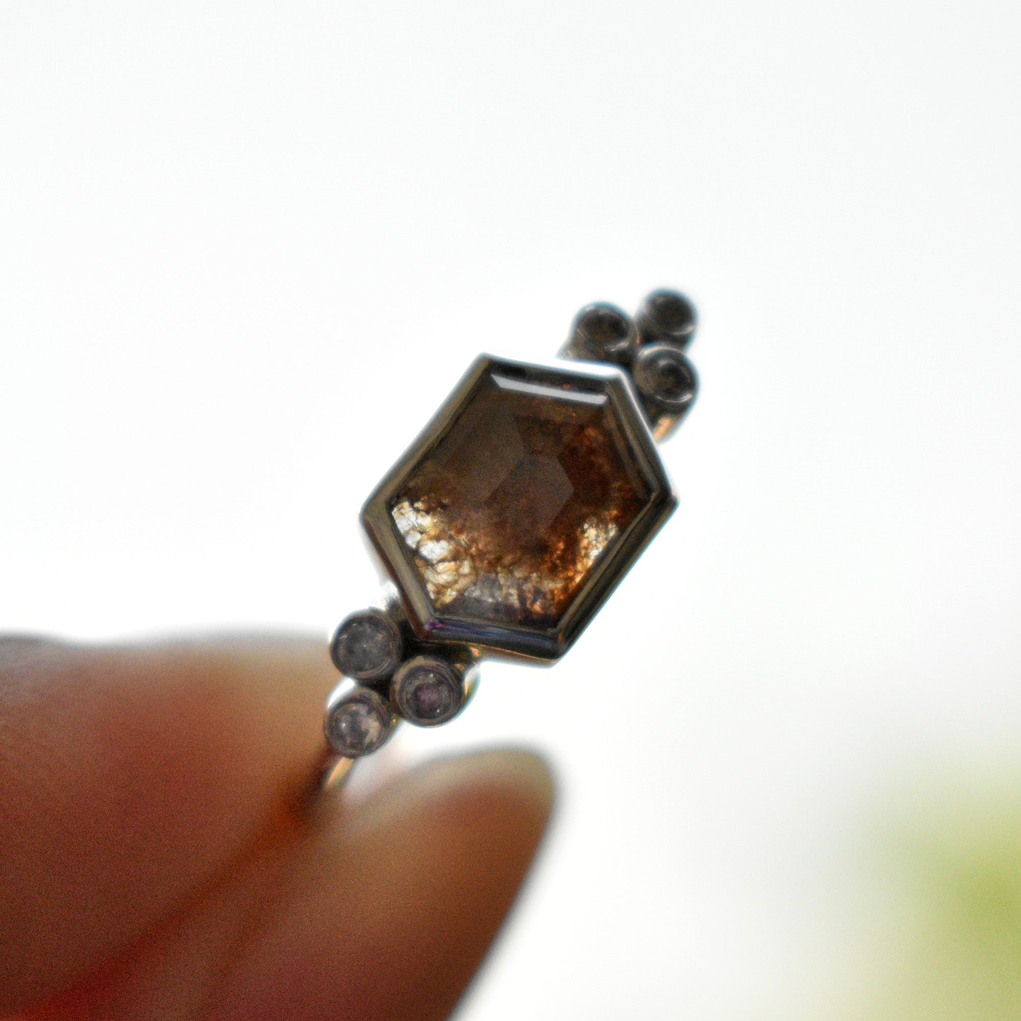 Hexagon Champagne and Round White Diamond Cluster Engagement Ring