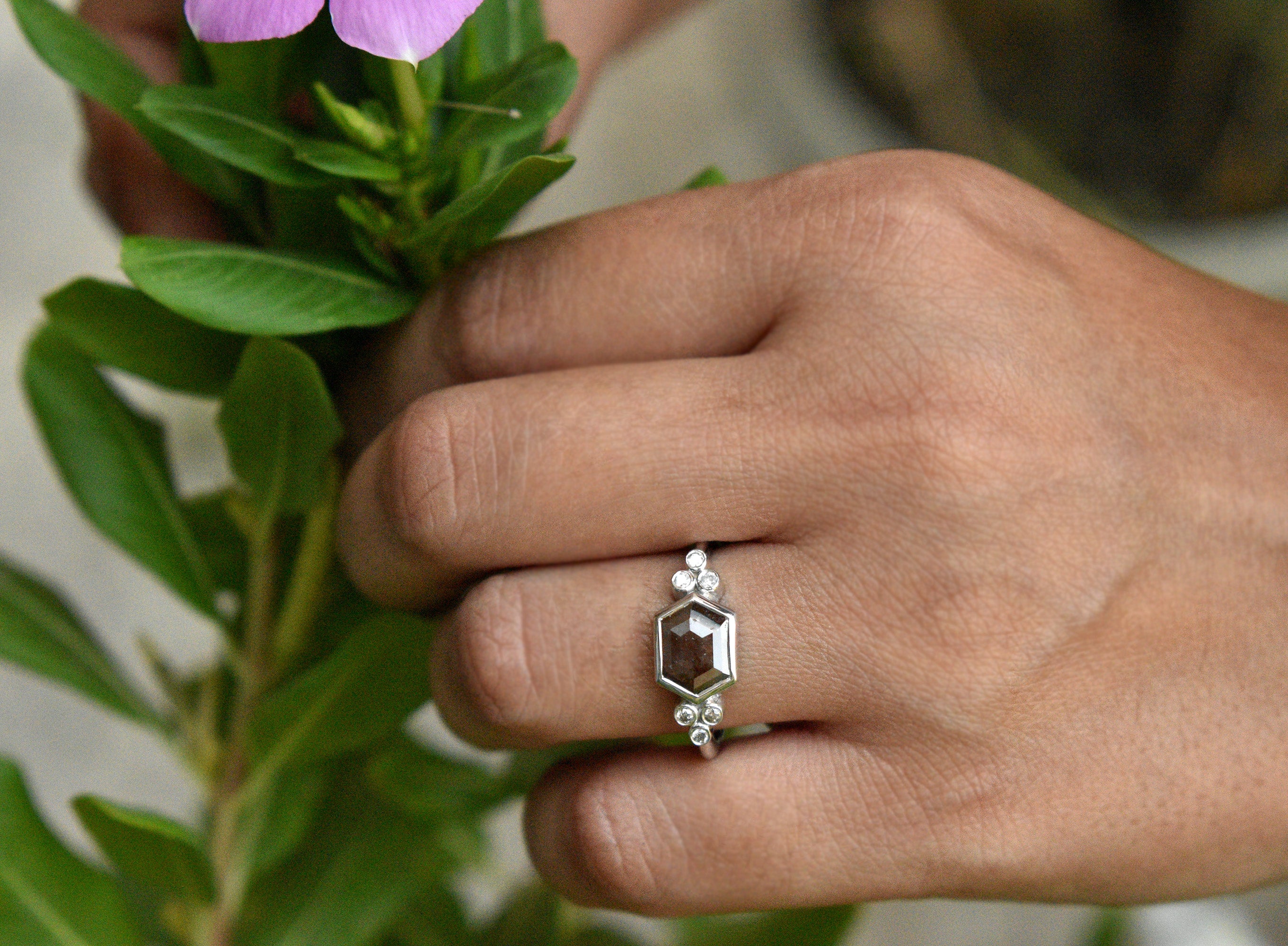 Hexagon Champagne and Round White Diamond Cluster Engagement Ring