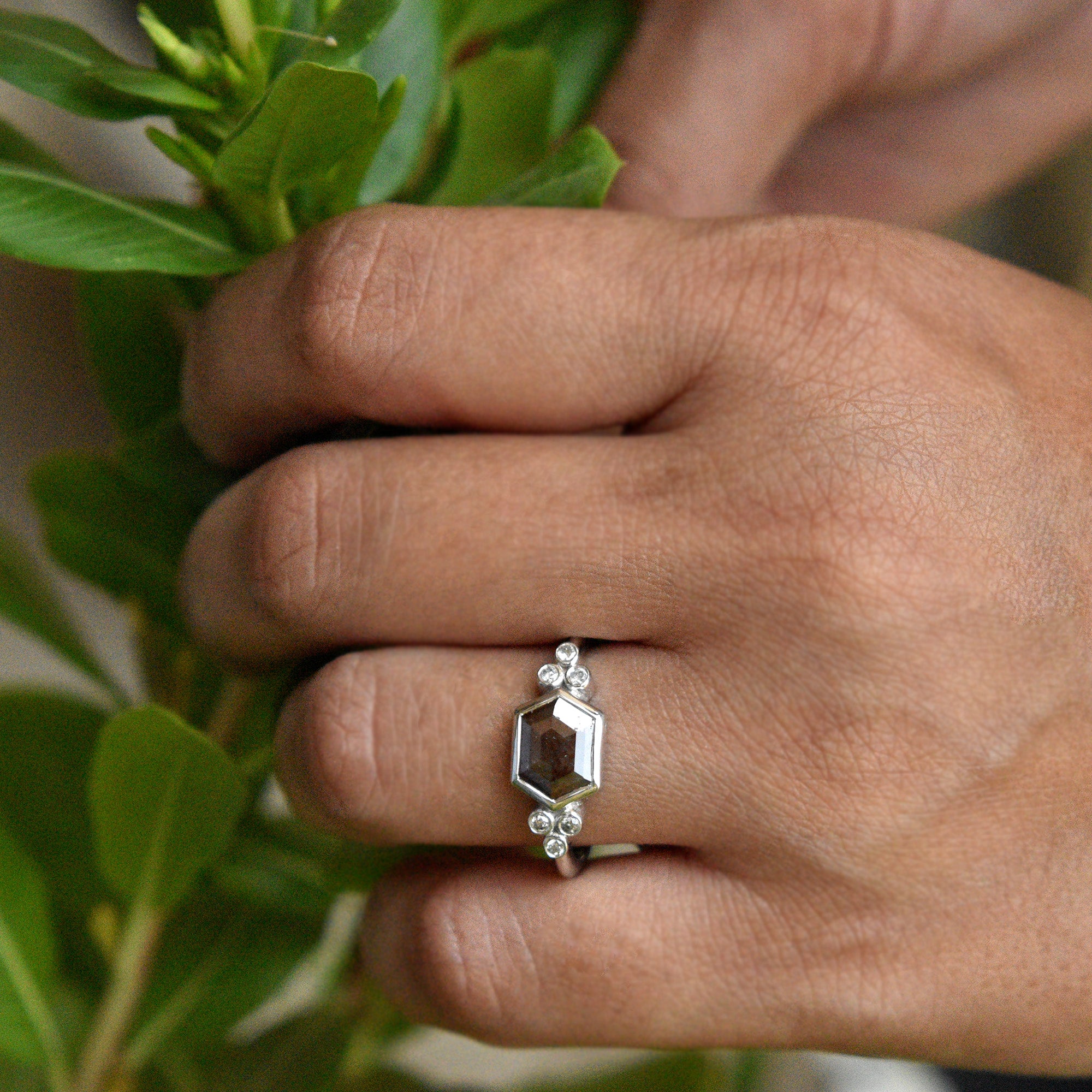 Hexagon Champagne and Round White Diamond Cluster Engagement Ring