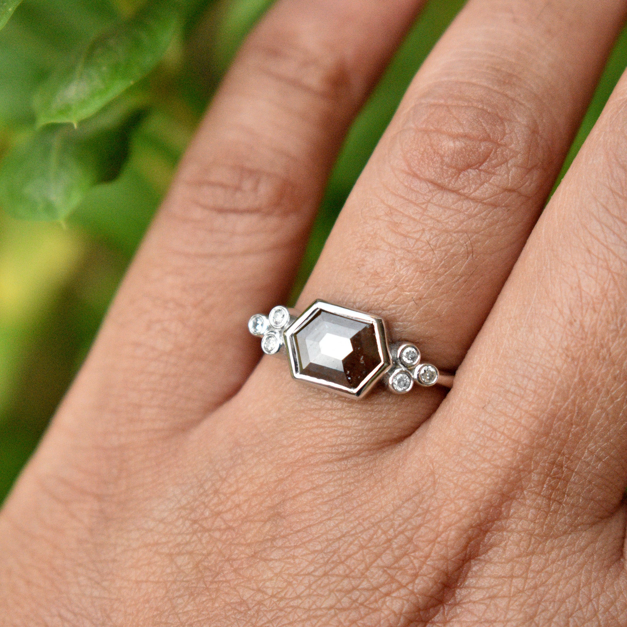 Hexagon Champagne and Round White Diamond Cluster Engagement Ring