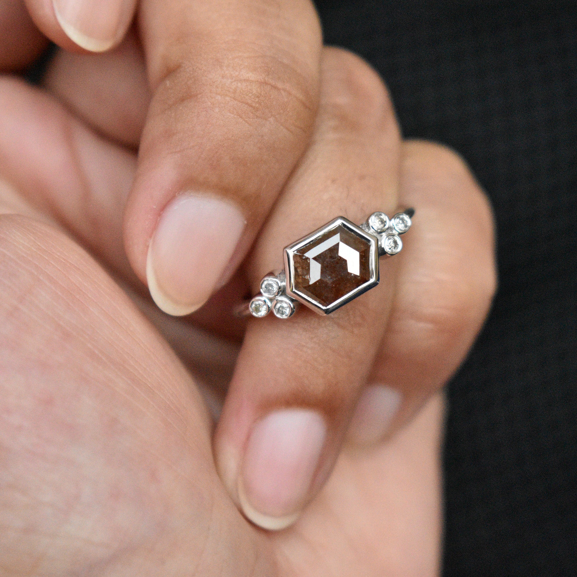 Hexagon Champagne and Round White Diamond Cluster Engagement Ring