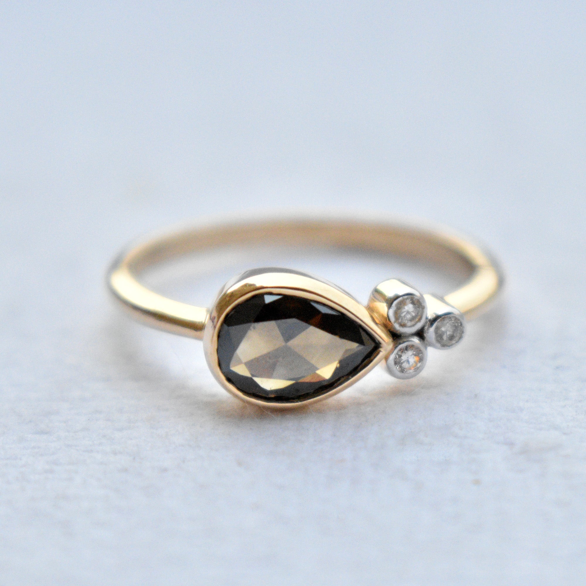 East West Brown Pear Diamond  with 3 Diamond Cluster Asymmetric Engagement Ring