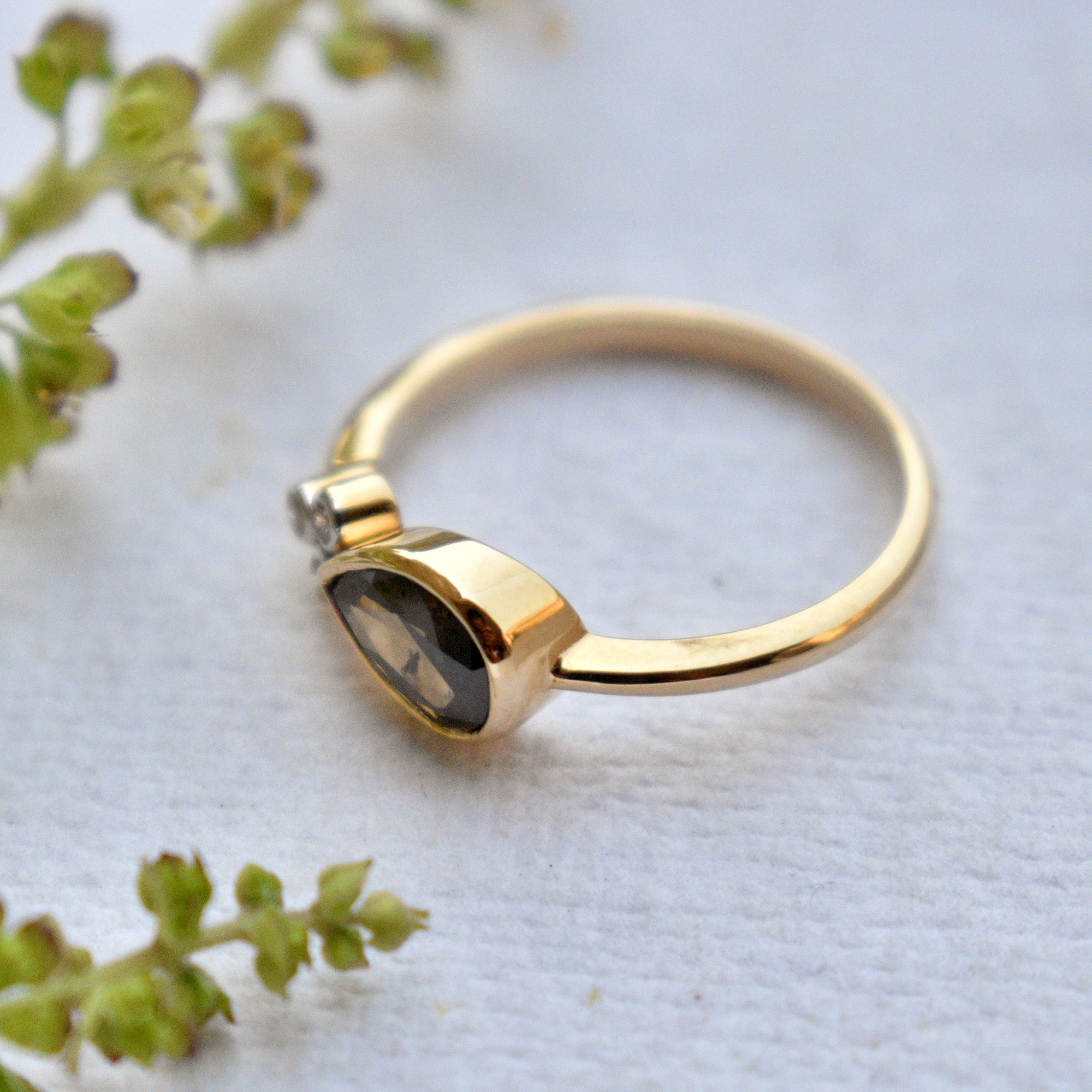 East West Brown Pear Diamond  with 3 Diamond Cluster Asymmetric Engagement Ring