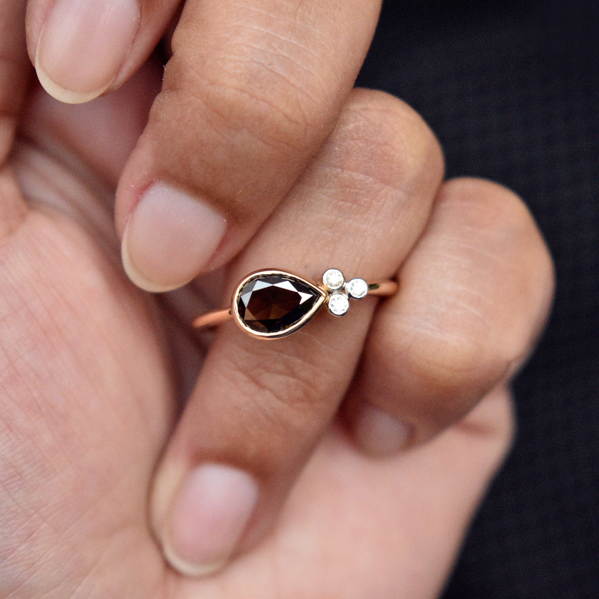 East West Brown Pear Diamond  with 3 Diamond Cluster Asymmetric Engagement Ring