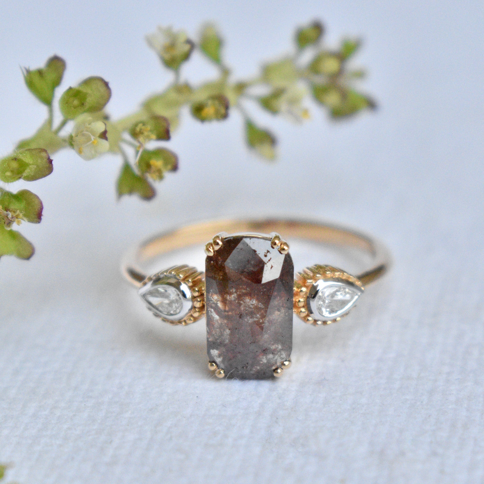 Brown Rosecut 3 Diamond Engagement Ring with Natural White Pear Diamond Accents in Solid 14K Yellow Gold