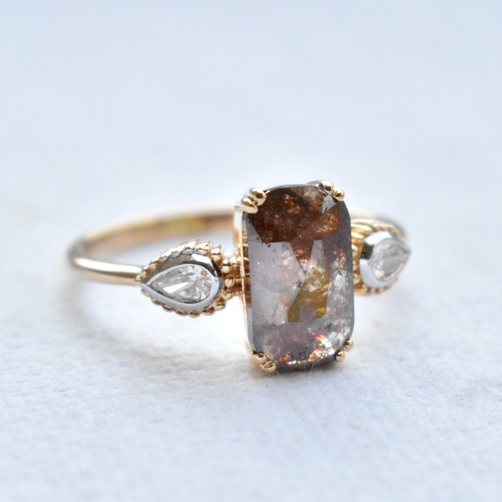Brown Rosecut 3 Diamond Engagement Ring with Natural White Pear Diamond Accents in Solid 14K Yellow Gold