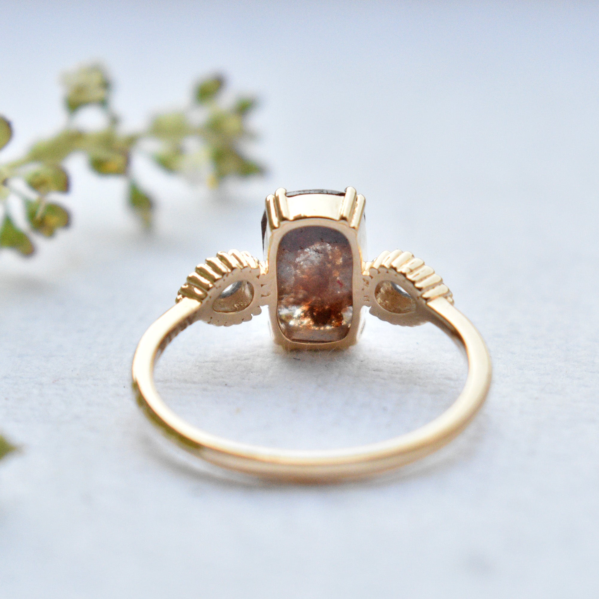 Brown Rosecut 3 Diamond Engagement Ring with Natural White Pear Diamond Accents in Solid 14K Yellow Gold