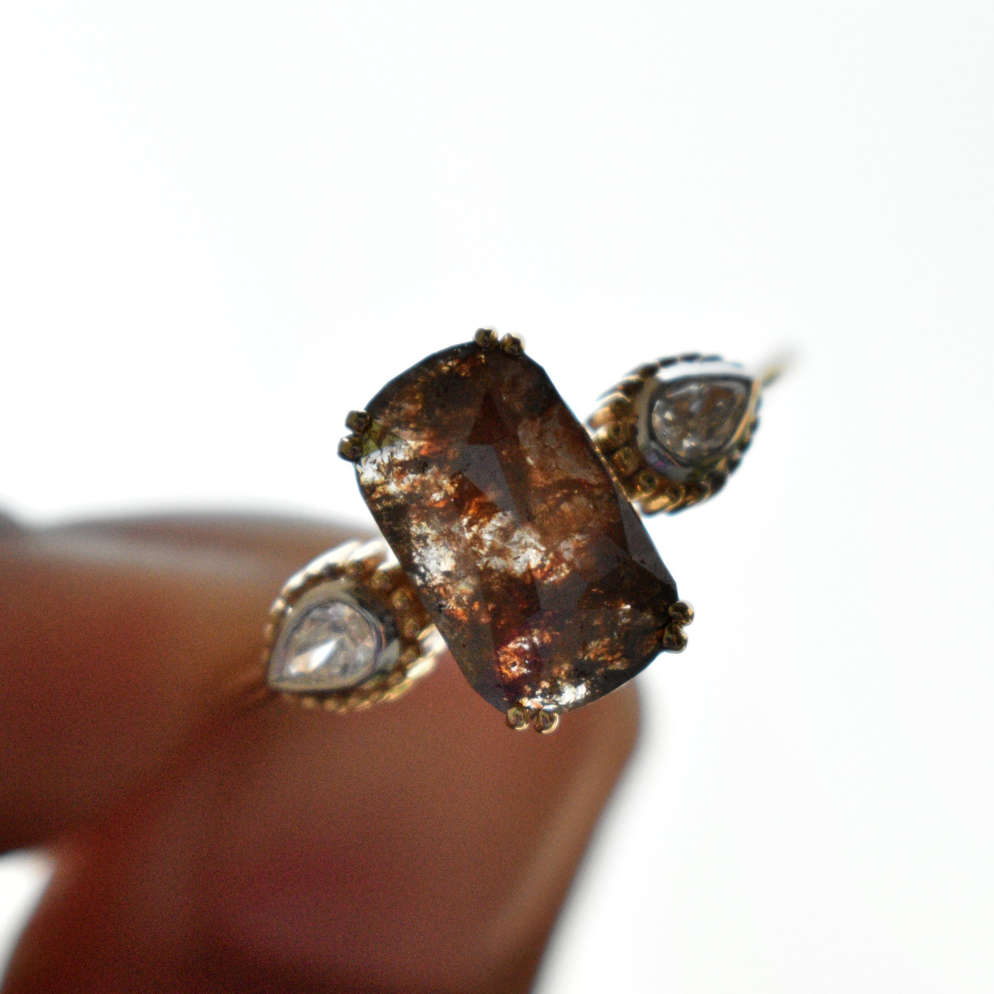 Brown Rosecut 3 Diamond Engagement Ring with Natural White Pear Diamond Accents in Solid 14K Yellow Gold