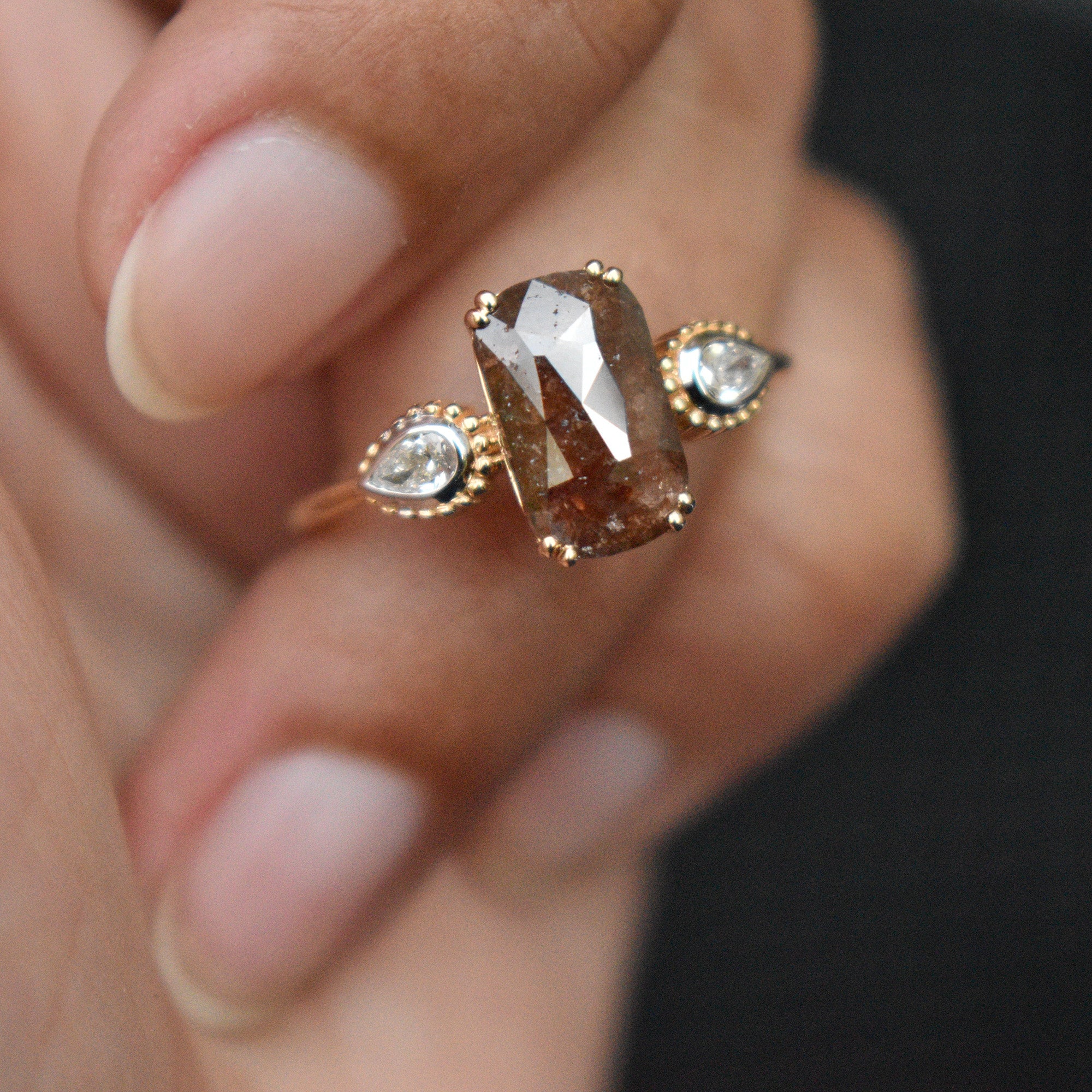 Brown Rosecut 3 Diamond Engagement Ring with Natural White Pear Diamond Accents in Solid 14K Yellow Gold