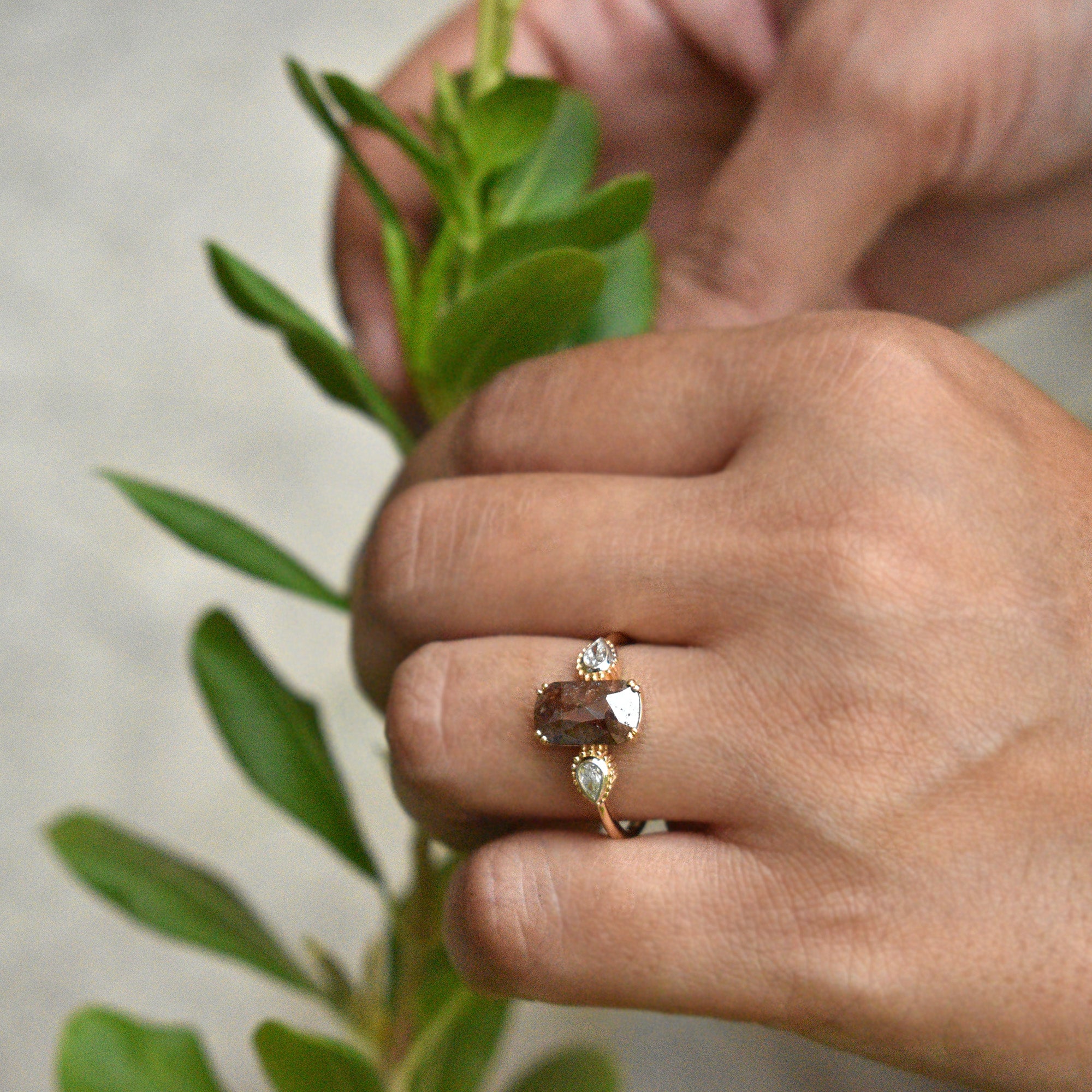 Brown Rosecut 3 Diamond Engagement Ring with Natural White Pear Diamond Accents in Solid 14K Yellow Gold