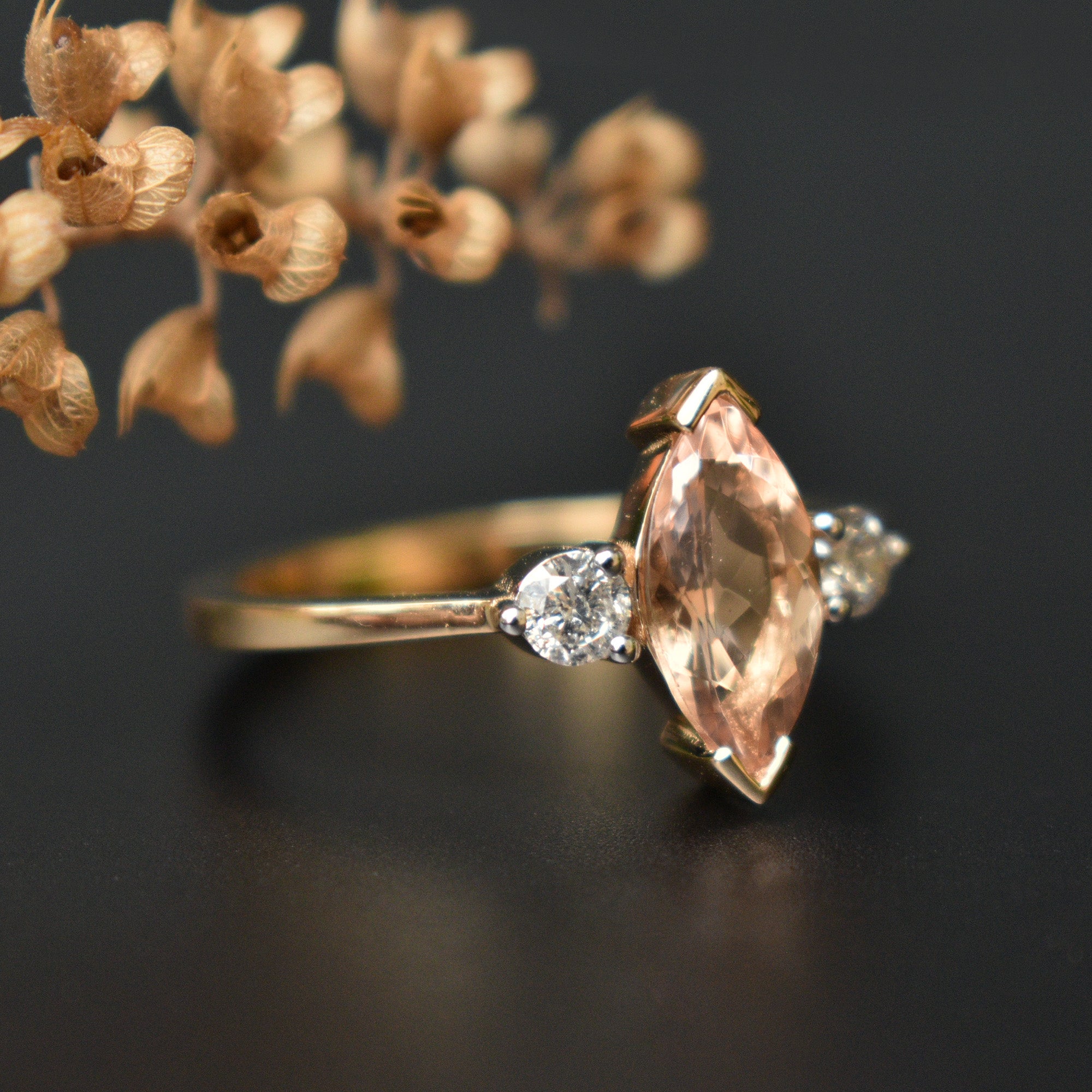 10x5mm Marquise Morganite & Salt and Pepper Diamond Engagement Ring