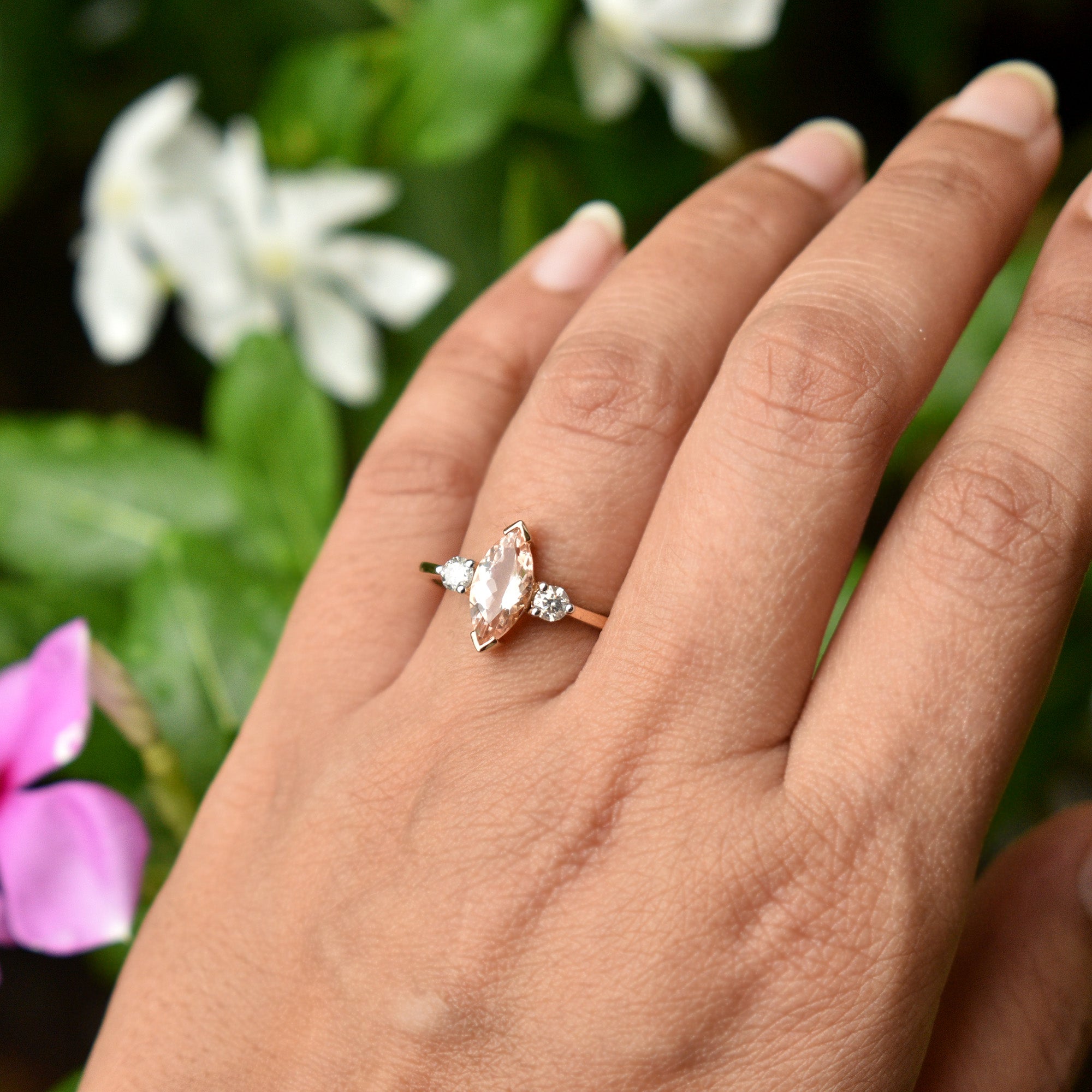 10x5mm Marquise Morganite & Salt and Pepper Diamond Engagement Ring