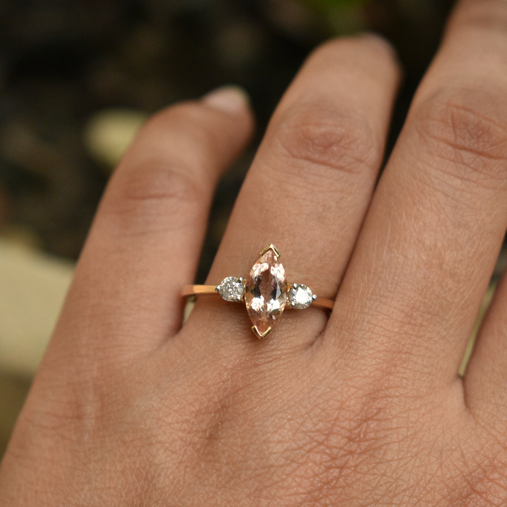 10x5mm Marquise Morganite & Salt and Pepper Diamond Engagement Ring
