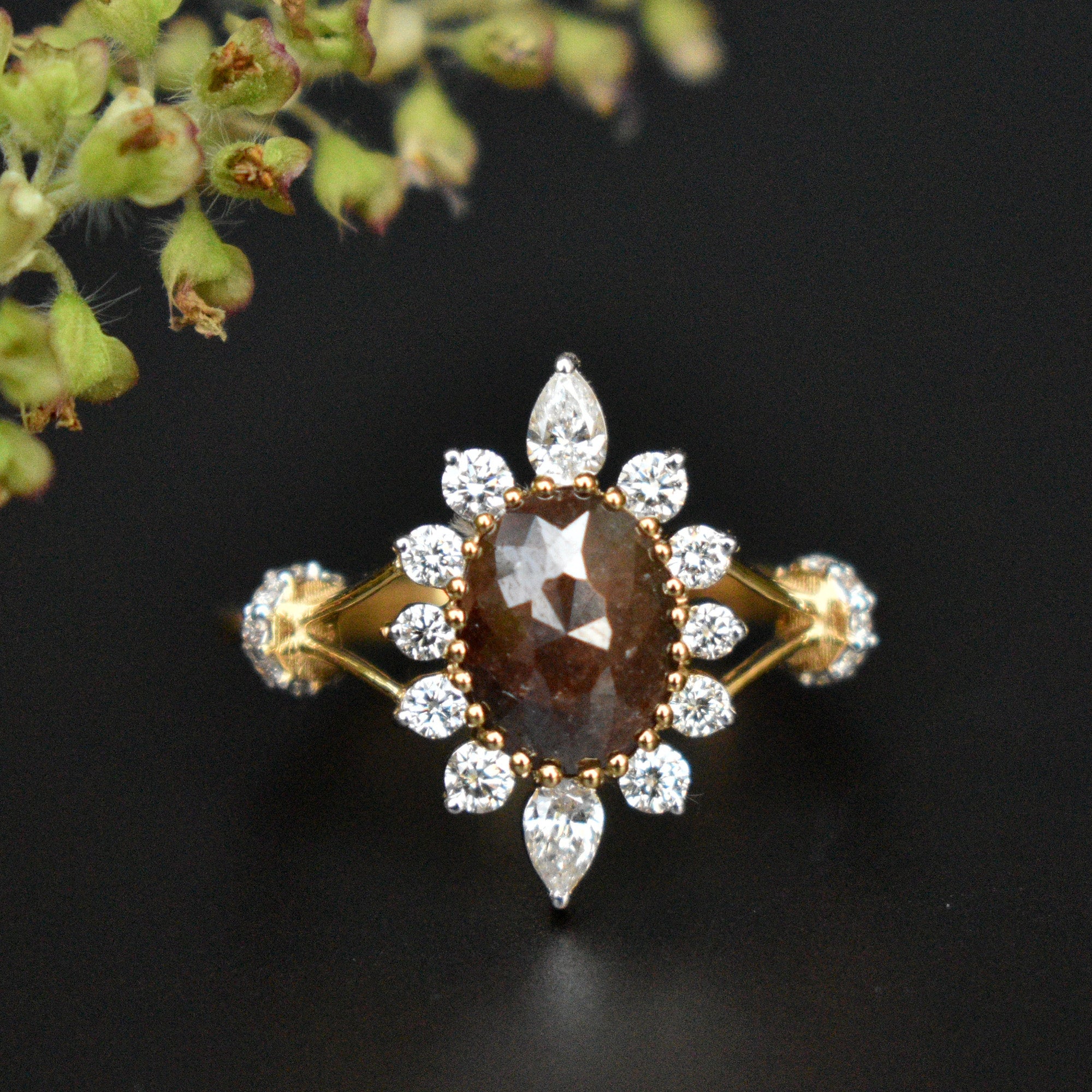 Dark Chocolate Brown Oval Rose Cut Diamond Ring with Pear and Round White Diamond Halo