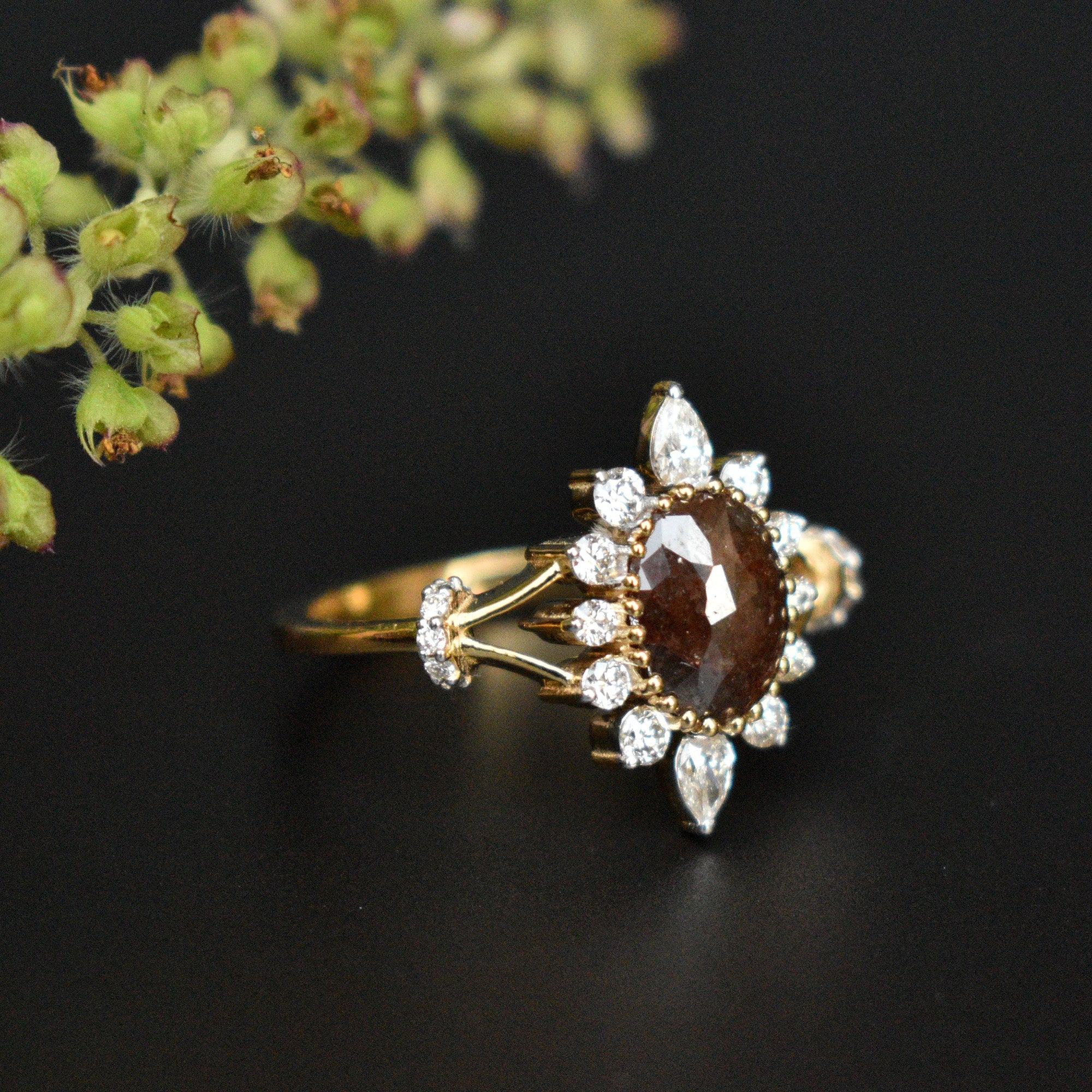 Dark Chocolate Brown Oval Rose Cut Diamond Ring with Pear and Round White Diamond Halo
