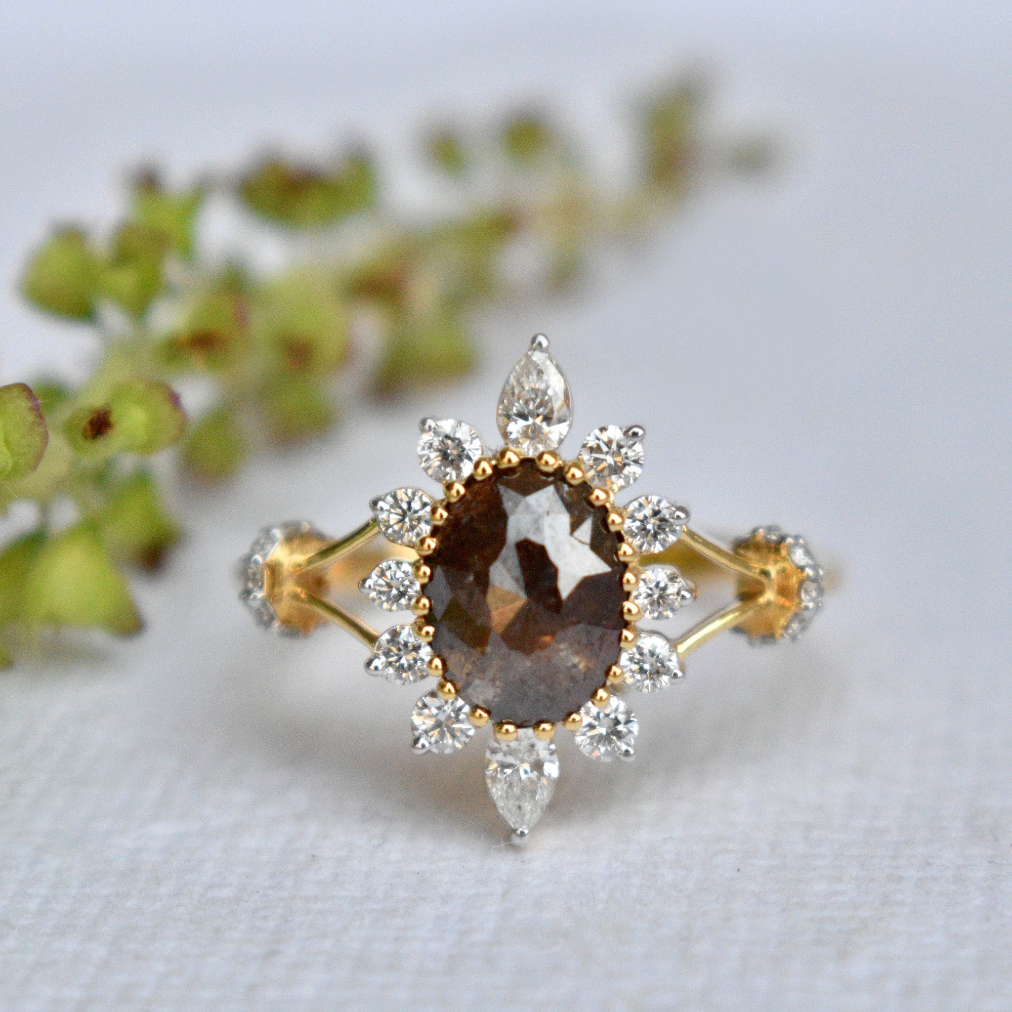 Dark Chocolate Brown Oval Rose Cut Diamond Ring with Pear and Round White Diamond Halo