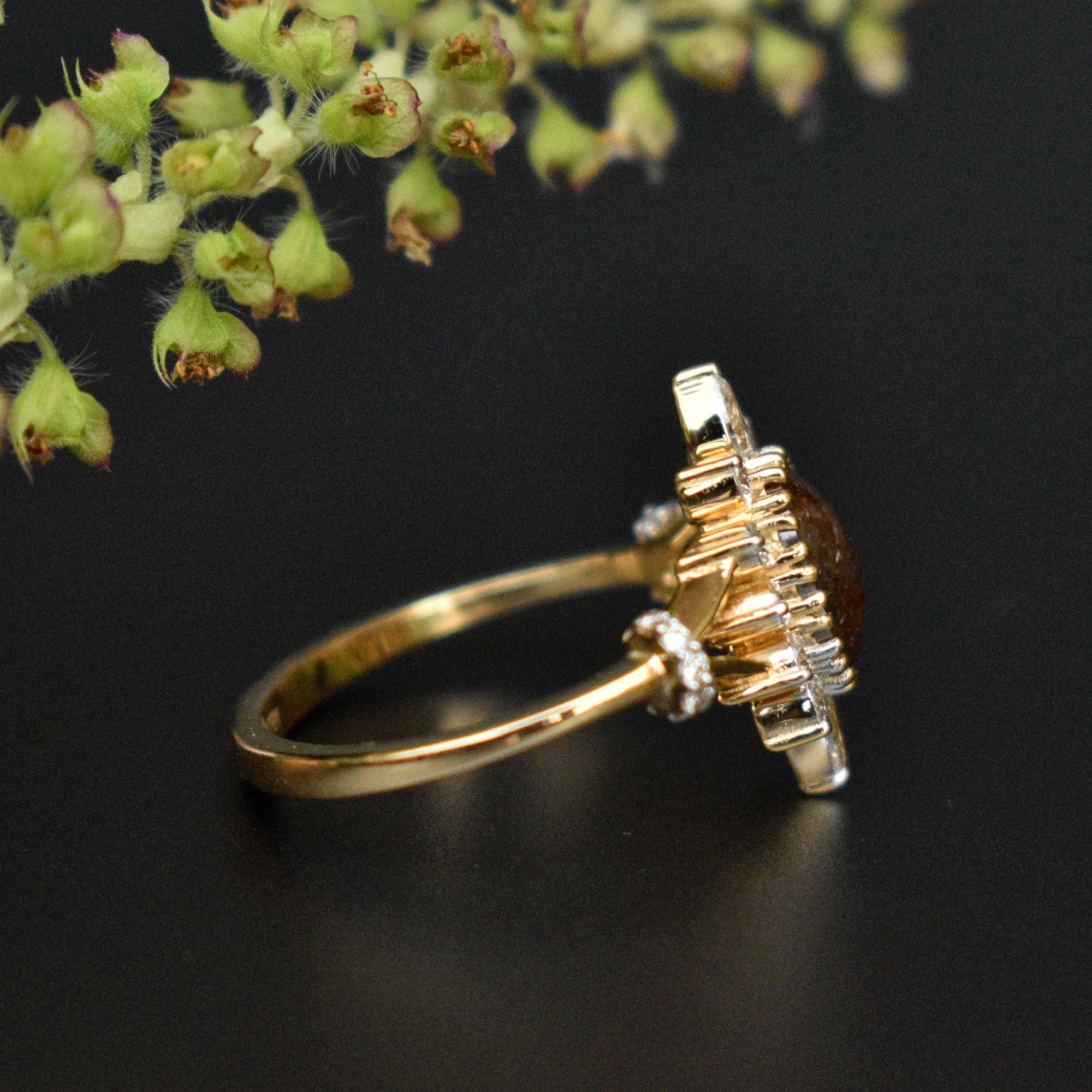 Dark Chocolate Brown Oval Rose Cut Diamond Ring with Pear and Round White Diamond Halo