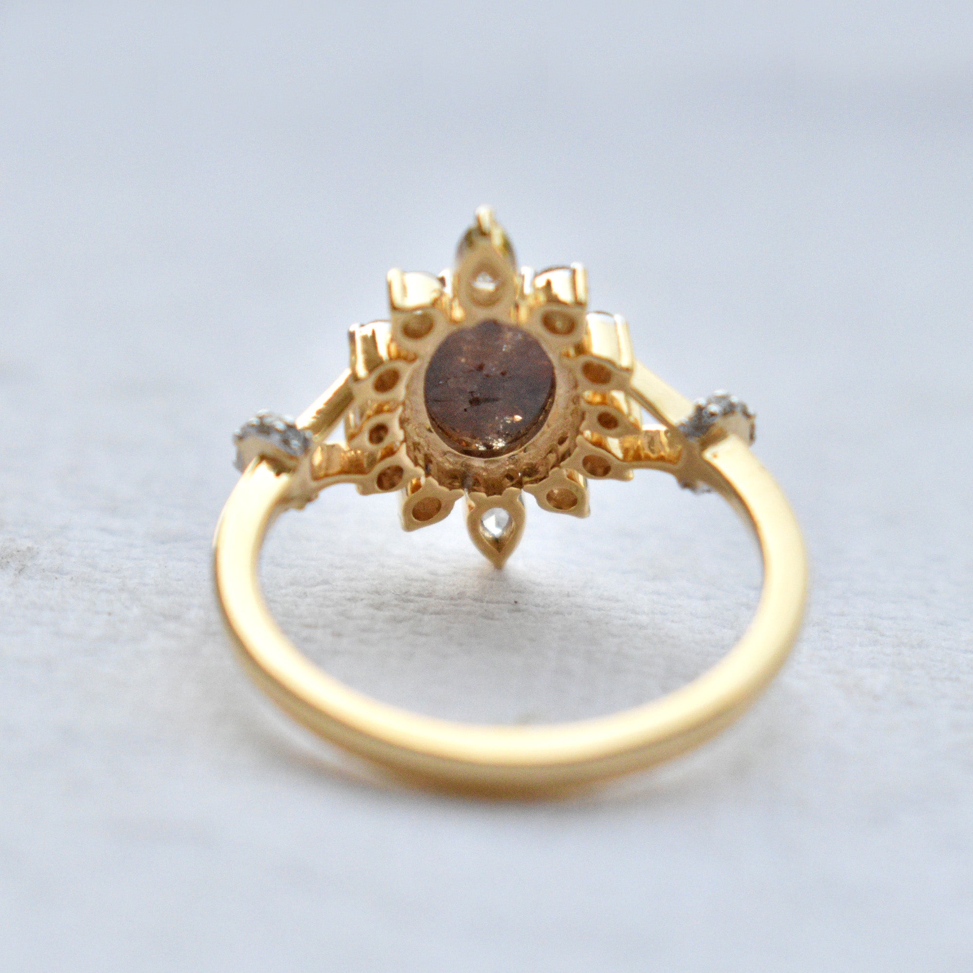 Dark Chocolate Brown Oval Rose Cut Diamond Ring with Pear and Round White Diamond Halo
