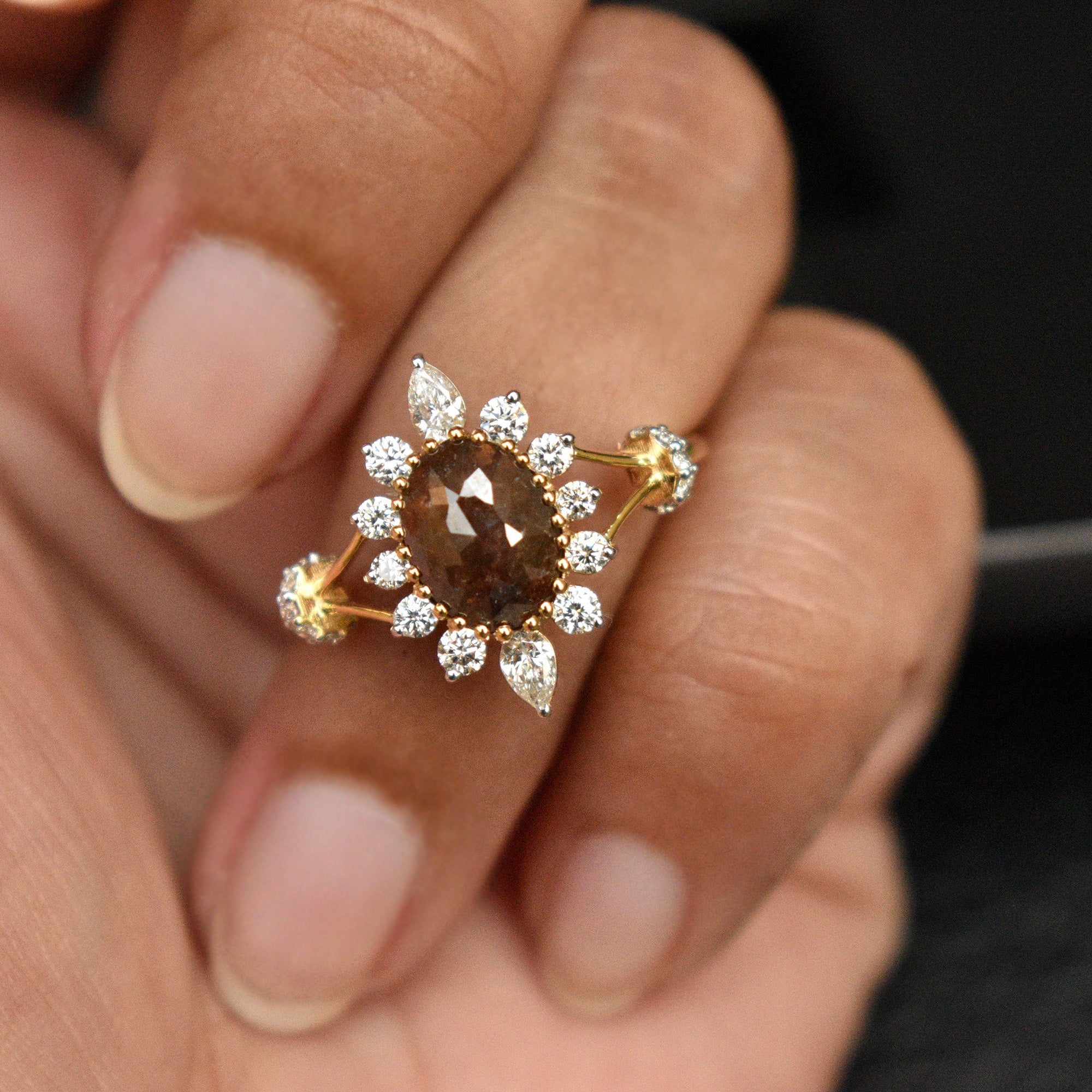 Dark Chocolate Brown Oval Rose Cut Diamond Ring with Pear and Round White Diamond Halo