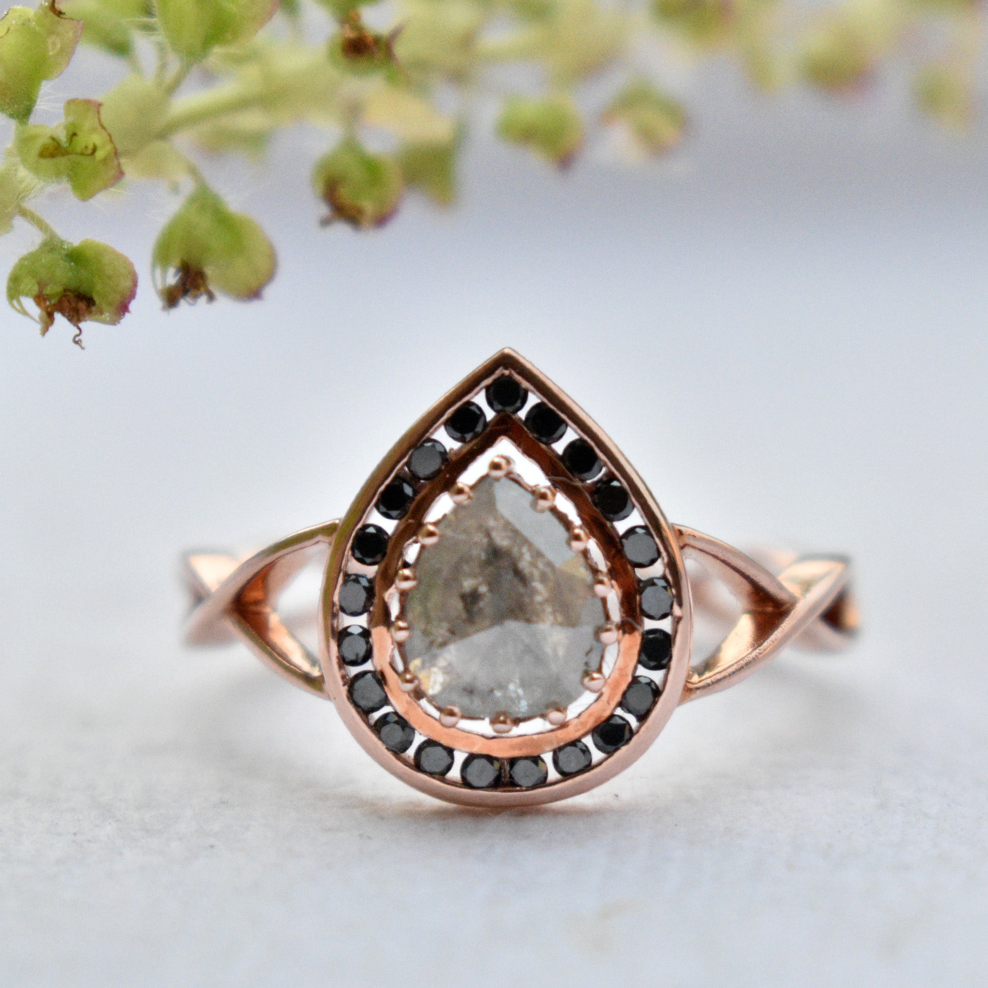 Salt & Pepper Pear Diamond with Black Halo Alternate Engagement Ring