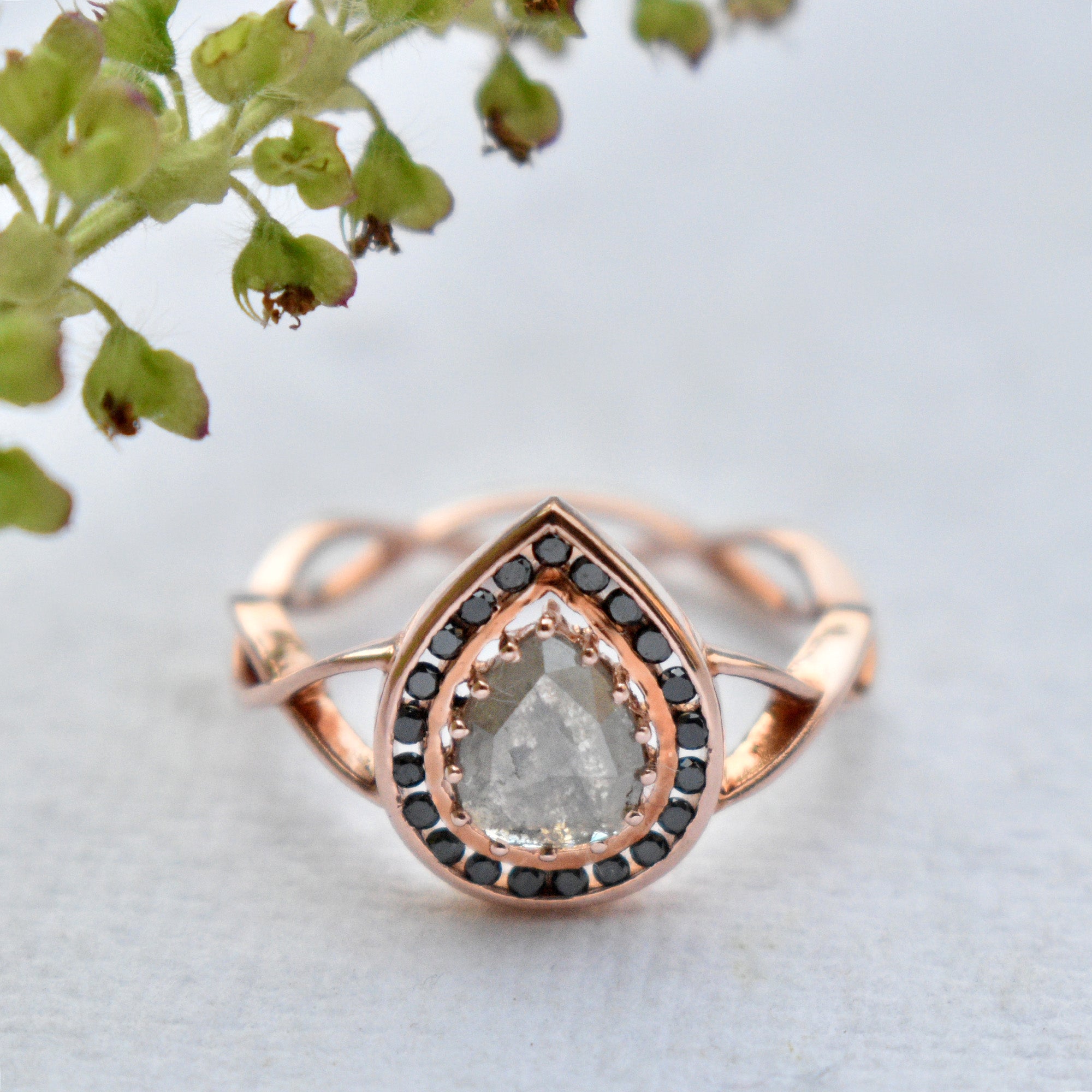 Salt & Pepper Pear Diamond with Black Halo Alternate Engagement Ring