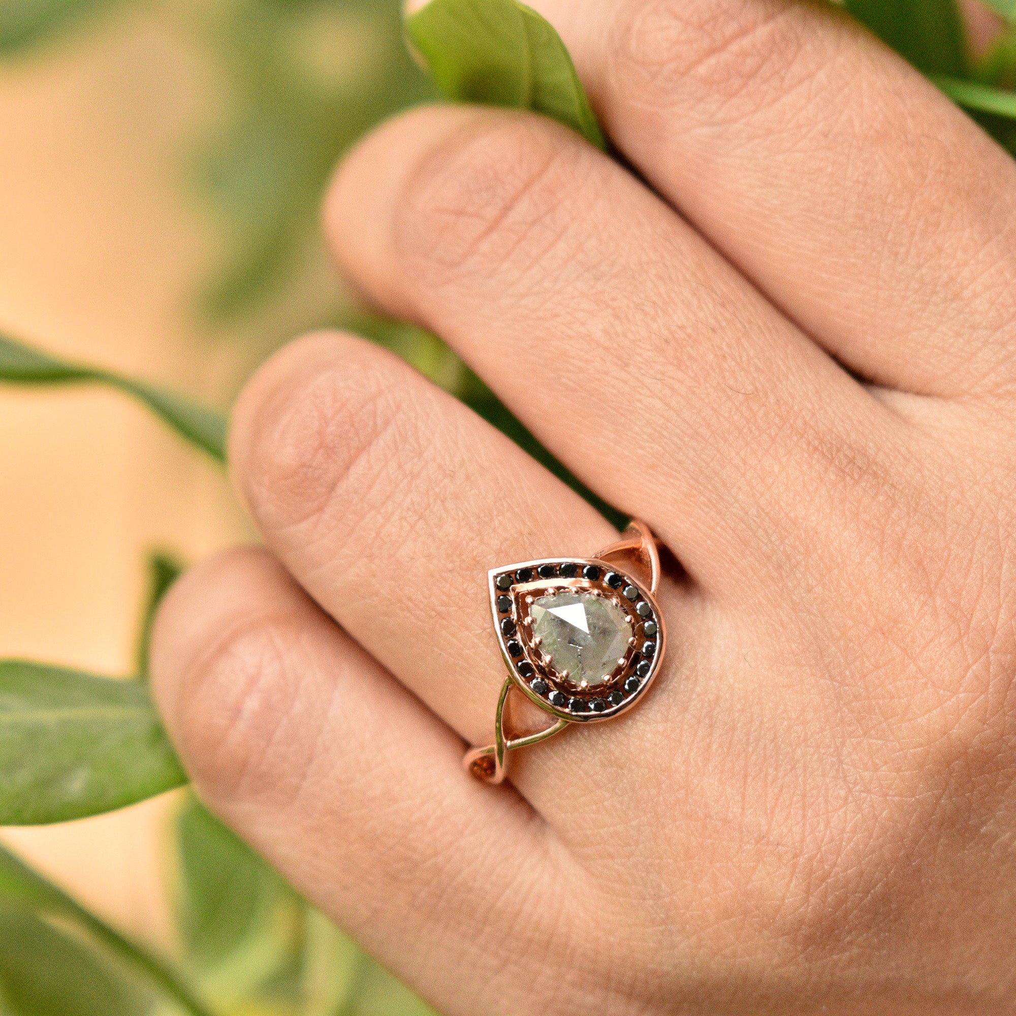 Salt & Pepper Pear Diamond with Black Halo Alternate Engagement Ring