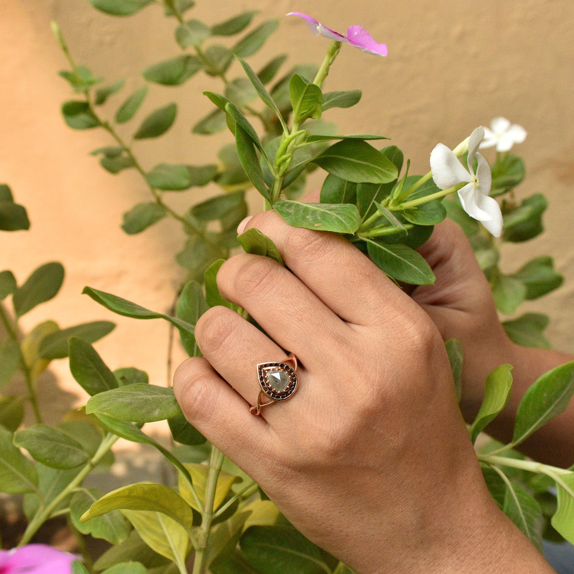 Salt & Pepper Pear Diamond with Black Halo Alternate Engagement Ring