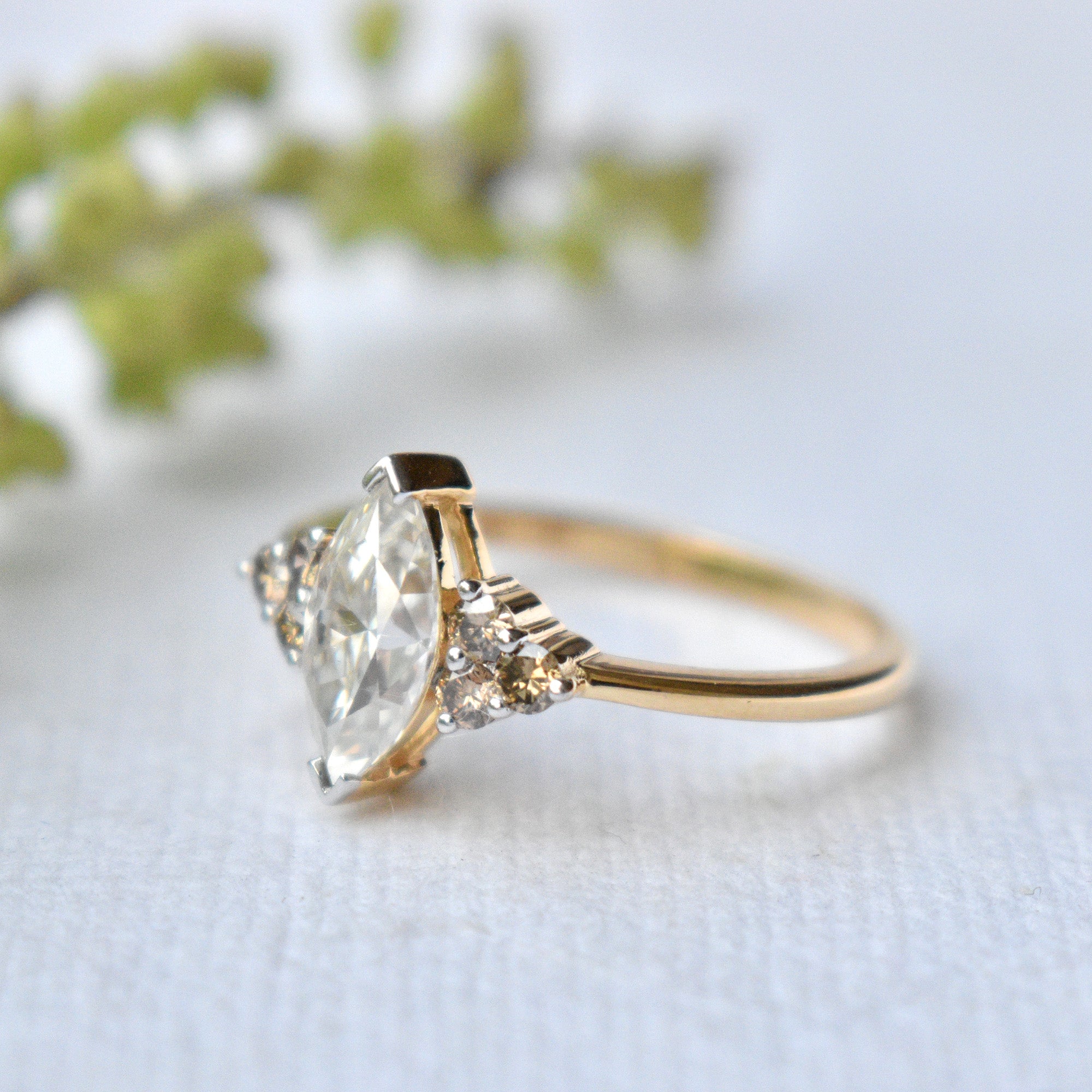 Marquise Moissanite with Natural Brown Diamond Cluster