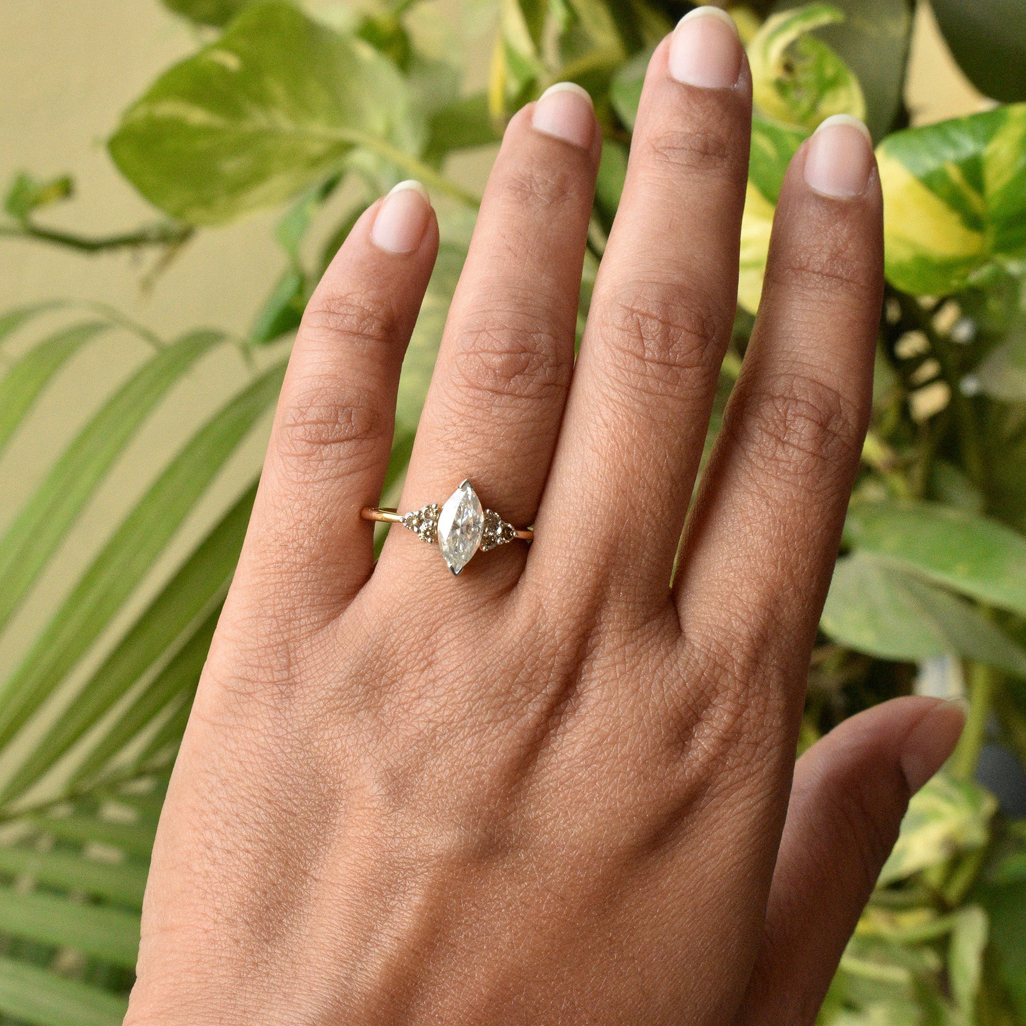 Marquise Moissanite with Natural Brown Diamond Cluster