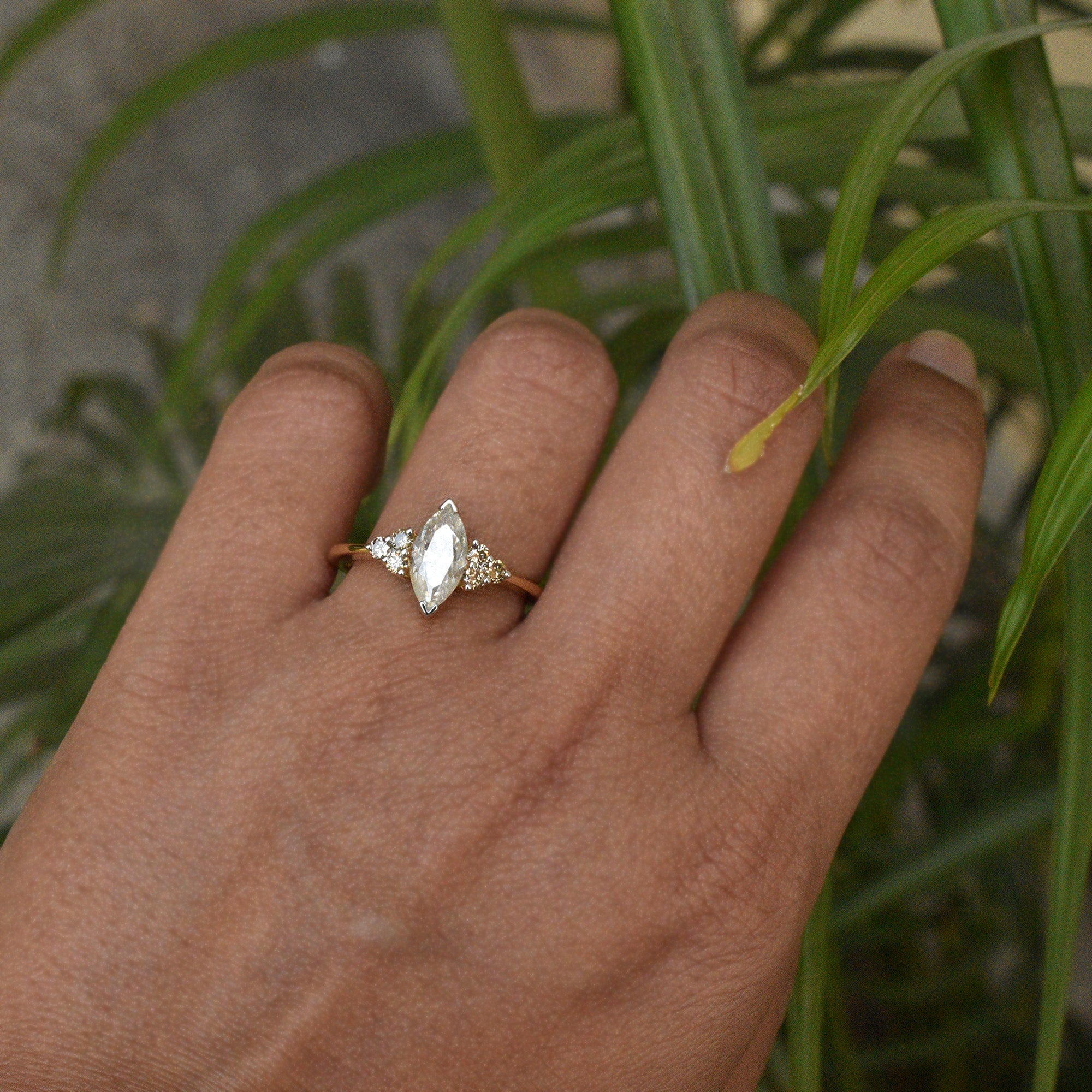 Marquise Moissanite with Natural Brown Diamond Cluster