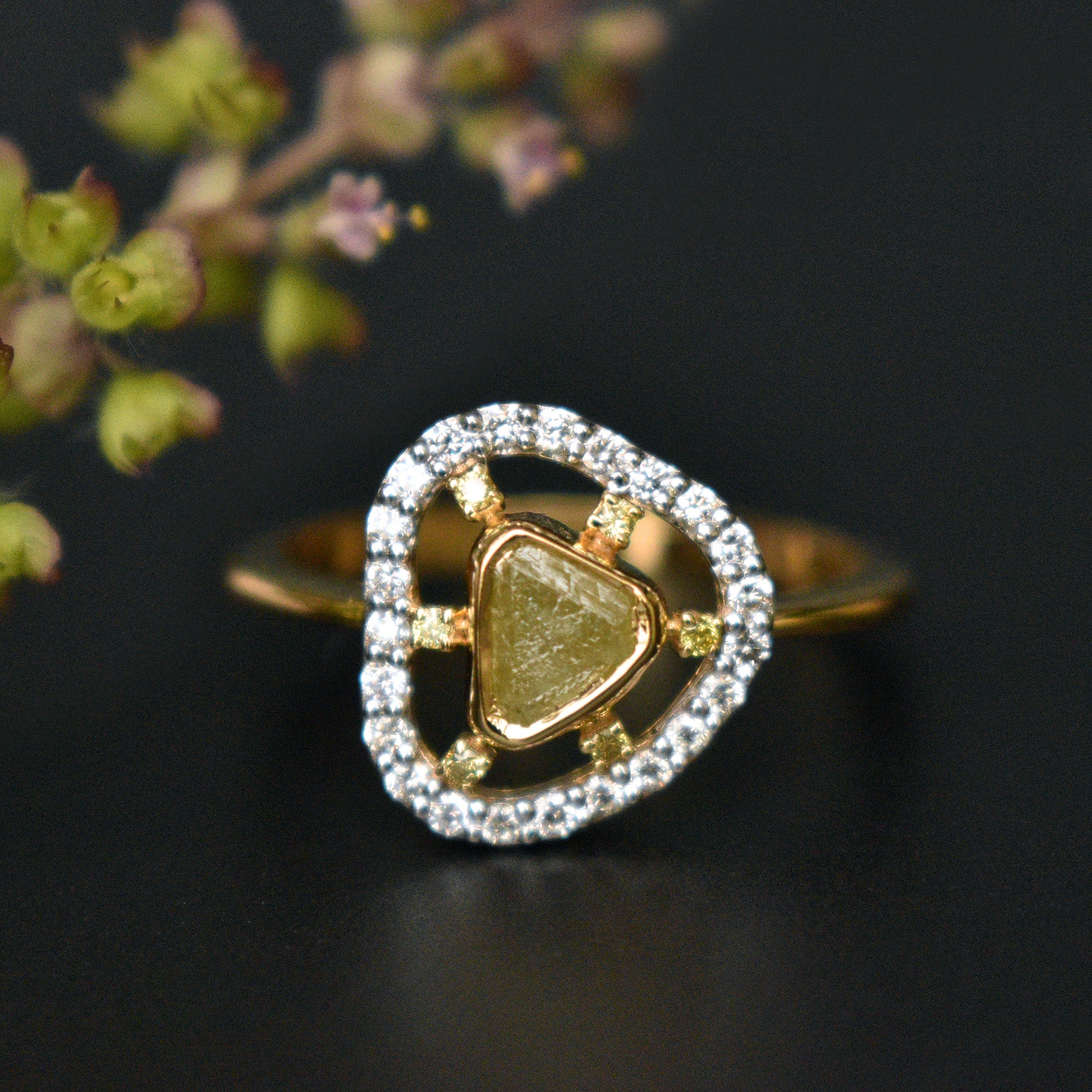 Half Carat Natural Yellow Raw Diamond with Spaced out Diamond Halo