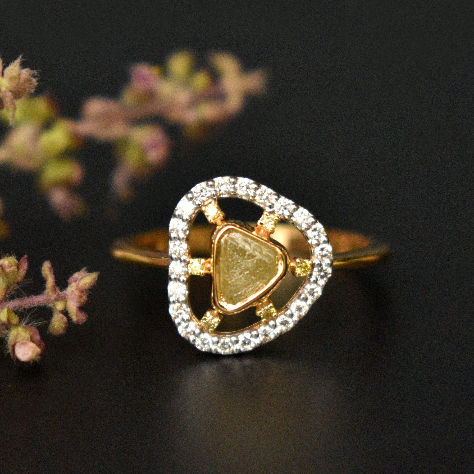 Half Carat Natural Yellow Raw Diamond with Spaced out Diamond Halo