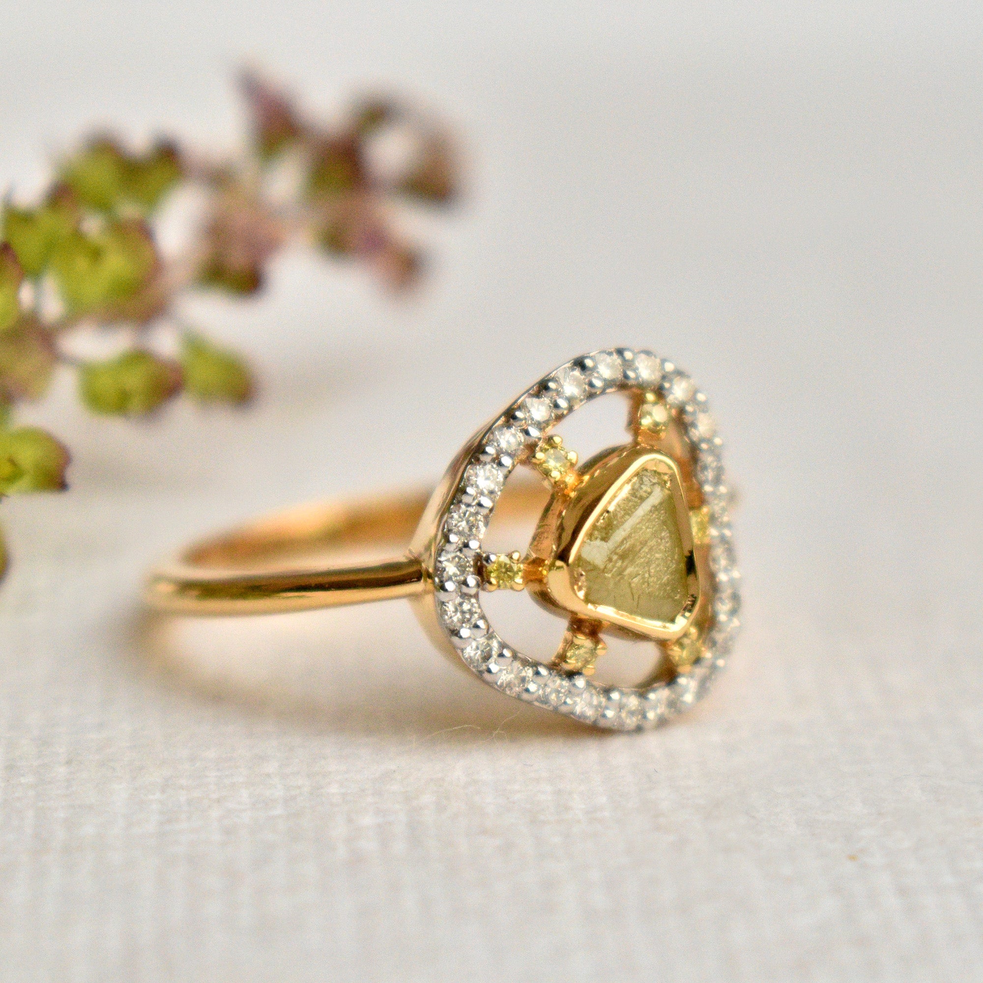 Half Carat Natural Yellow Raw Diamond with Spaced out Diamond Halo