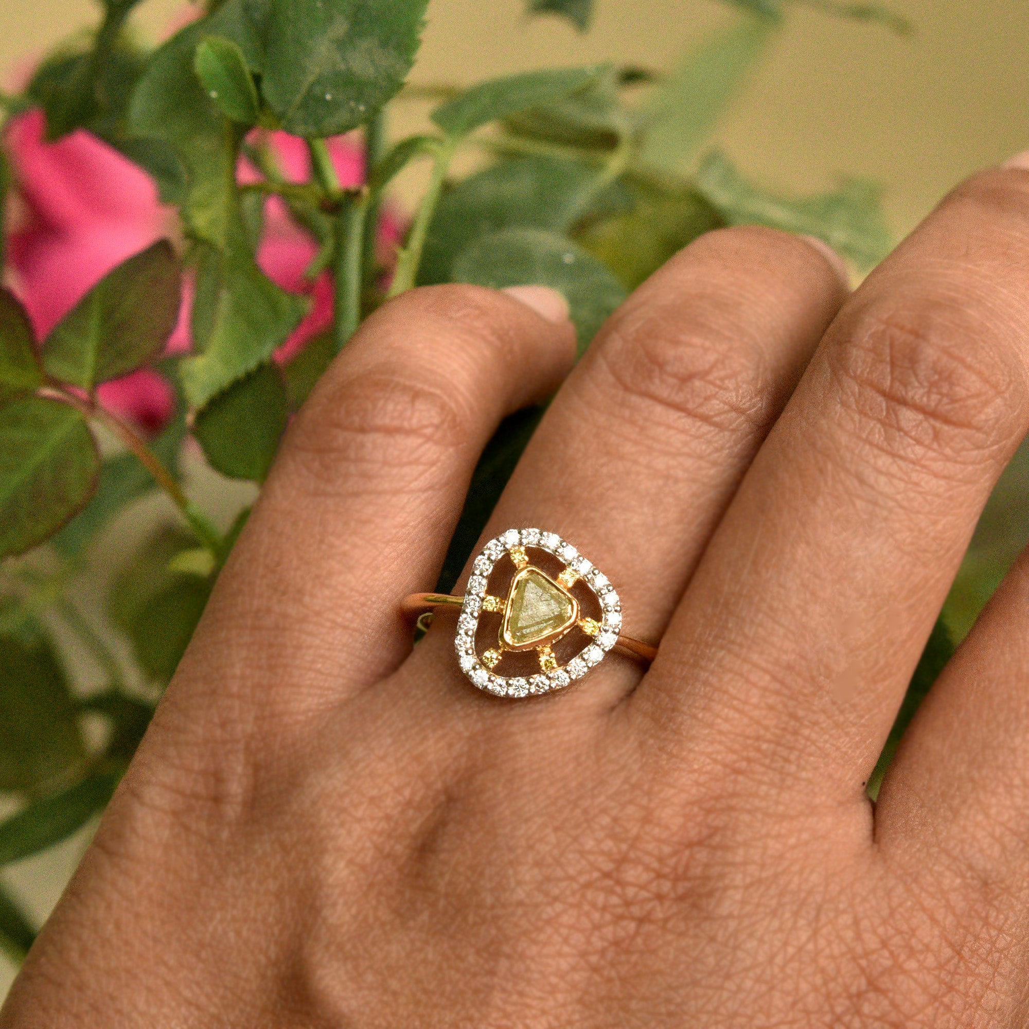 Half Carat Natural Yellow Raw Diamond with Spaced out Diamond Halo