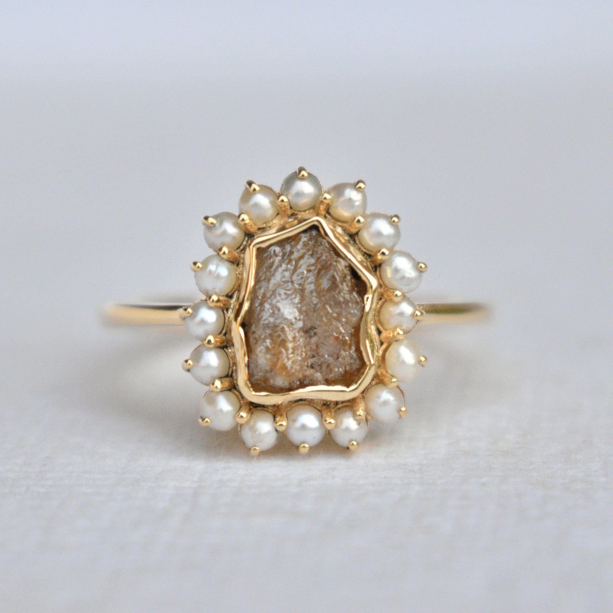 1.3 Carat Chocolate Brown Rough Diamond Ring with Fresh Water Pearl Halo