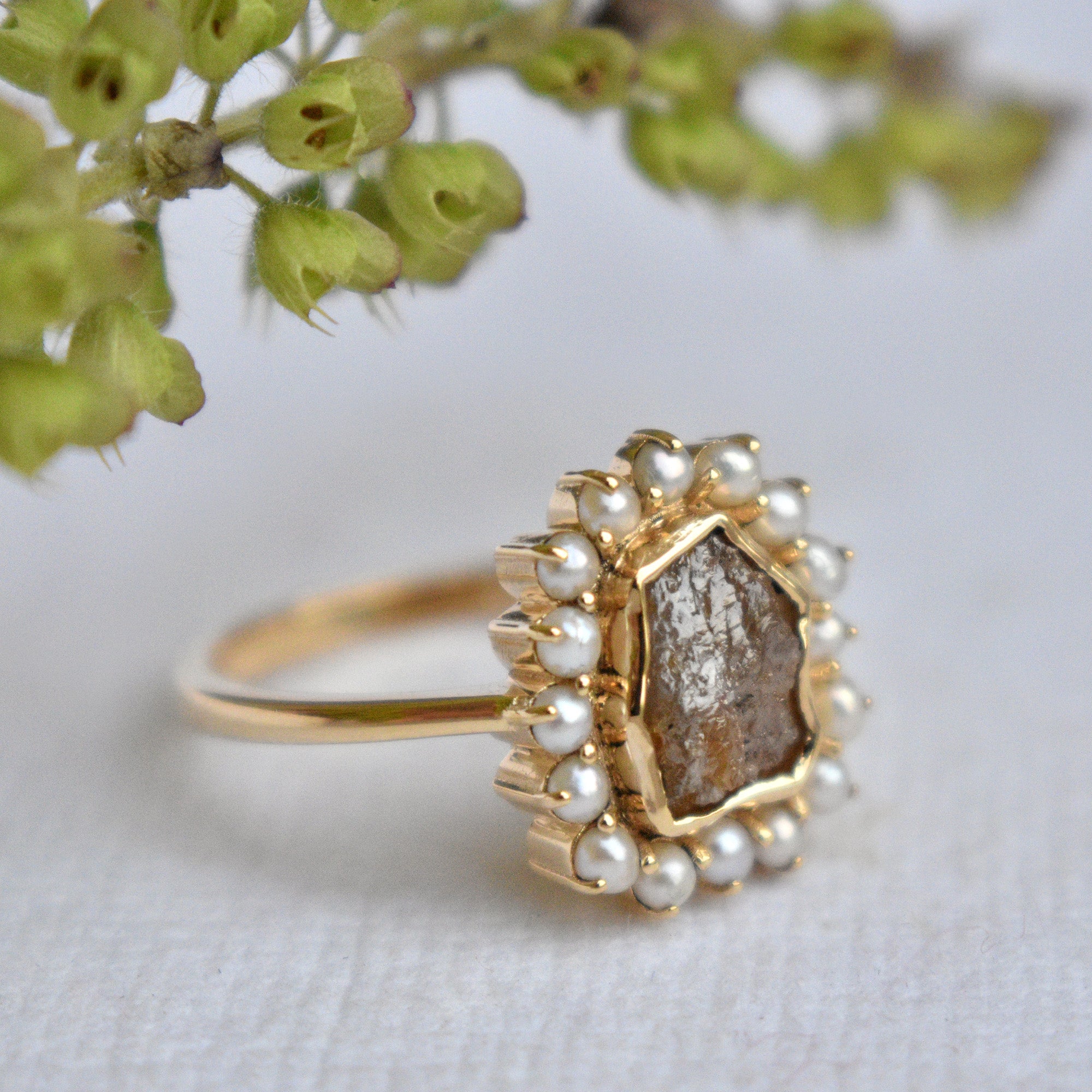 1.3 Carat Chocolate Brown Rough Diamond Ring with Fresh Water Pearl Halo