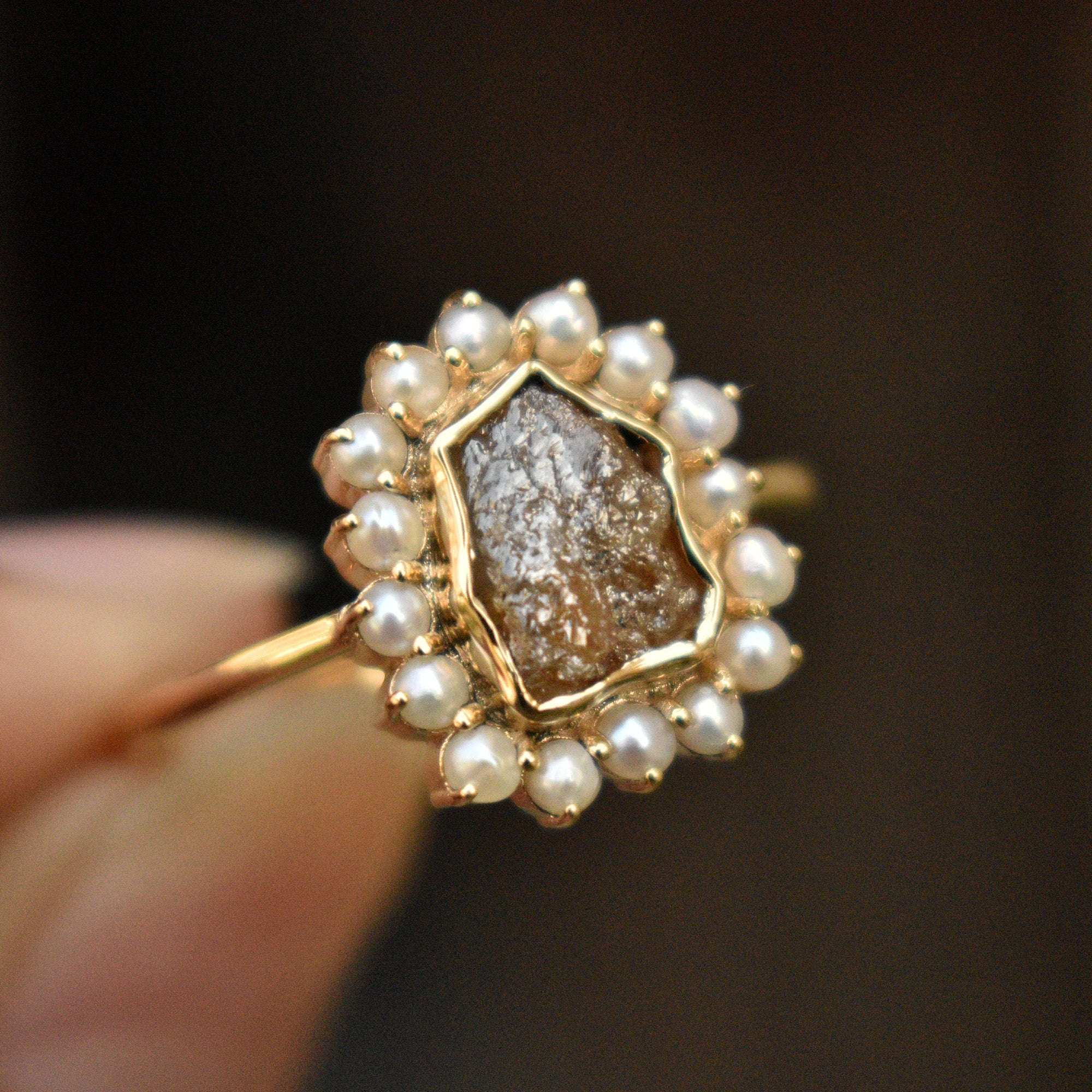 1.3 Carat Chocolate Brown Rough Diamond Ring with Fresh Water Pearl Halo